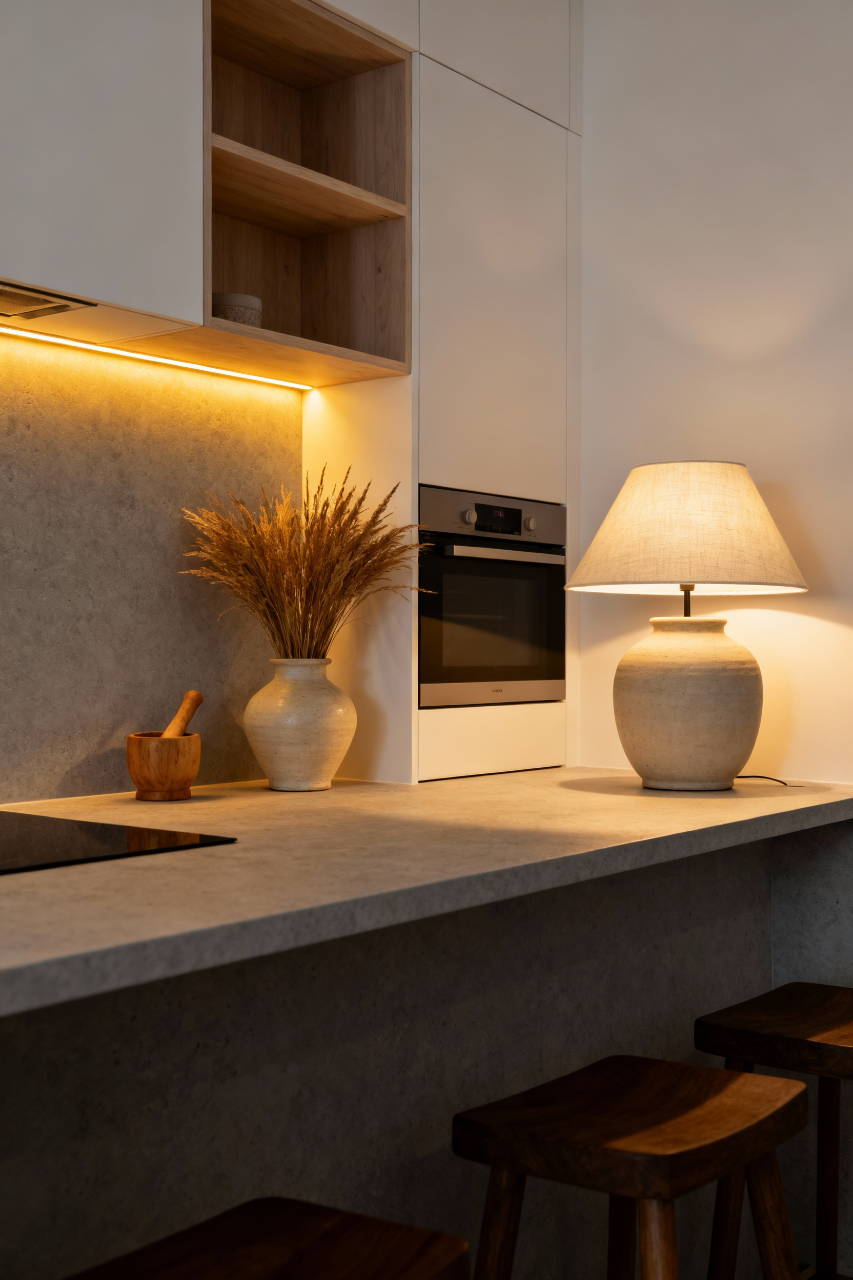 Small minimalist Scandinavian kitchen design illuminated by warm 2700K under-cabinet and corner lamp lighting, demonstrating how to create a cozy Hyggekrog atmosphere.