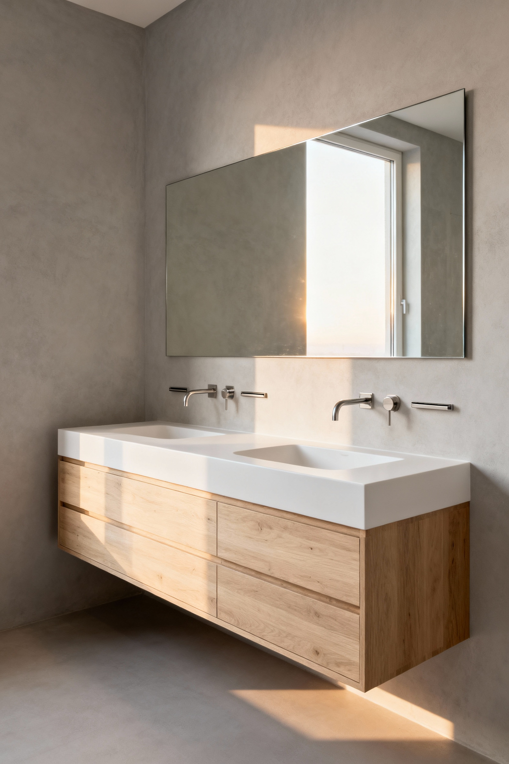 Minimalist Scandinavian luxury bathroom featuring a floating wood vanity, seamless pale gray walls, and diffused natural light, emphasizing a design where smart technology is architecturally integrated and completely invisible.