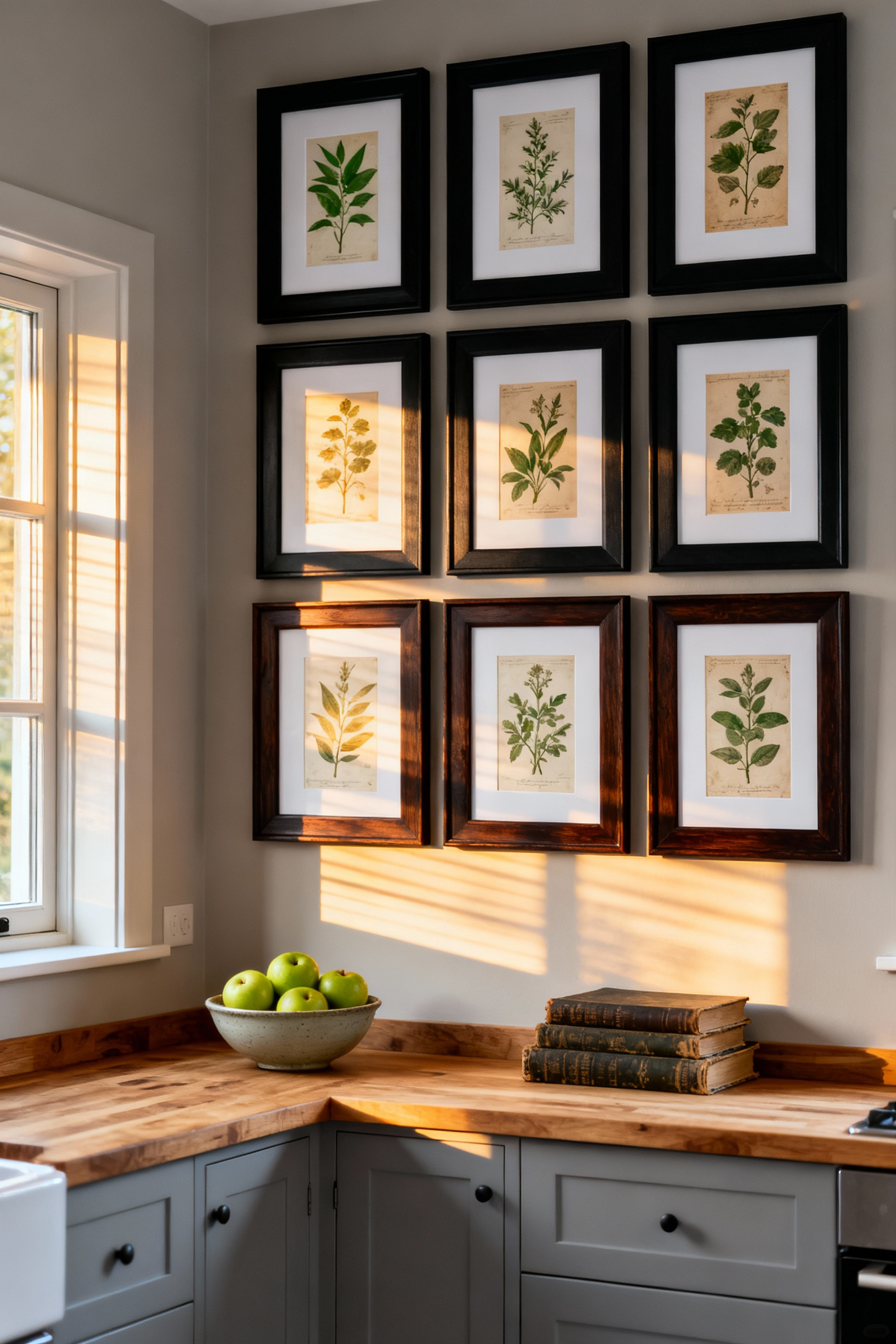 A budget-friendly kitchen gallery wall featuring twelve curated botanical sketch prints framed in simple black and wood thrifted frames displayed above a light wood counter in a modern kitchen.