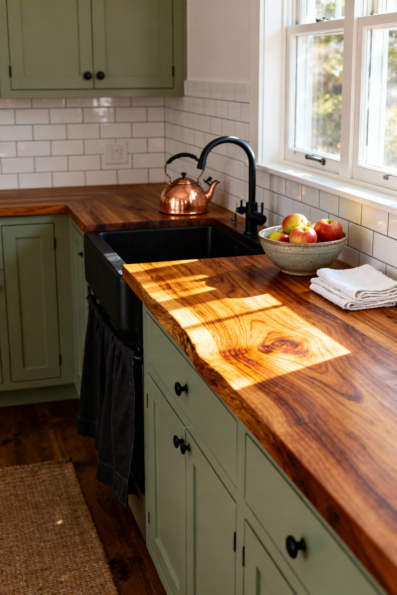 Detailed photograph of a rustic-modern kitchen featuring thick oiled maple butcher block countertops over sage green cabinets, demonstrating a cozy and natural aesthetic.