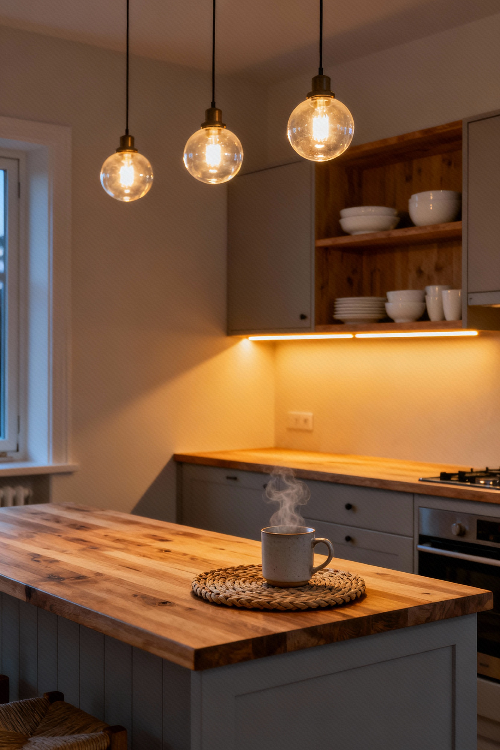 Minimalist kitchen illuminated entirely by soft, warm 2700 Kelvin golden LED lighting from pendant lamps and under-cabinet strips, demonstrating a cozy hygge ambiance on a budget.