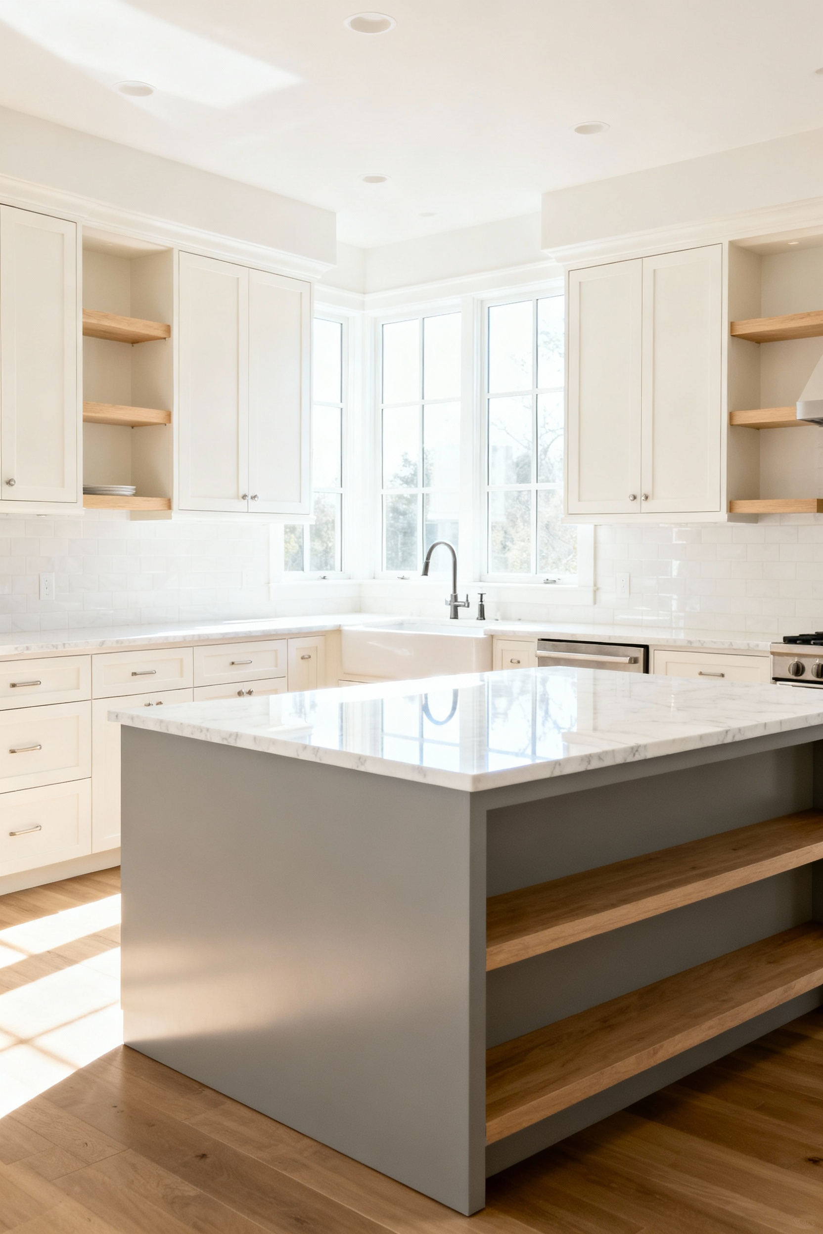 Bright, high-gloss creamy white and pale gray kitchen featuring open shelving and large windows designed to maximize reflected natural light and create an illusion of greater space.