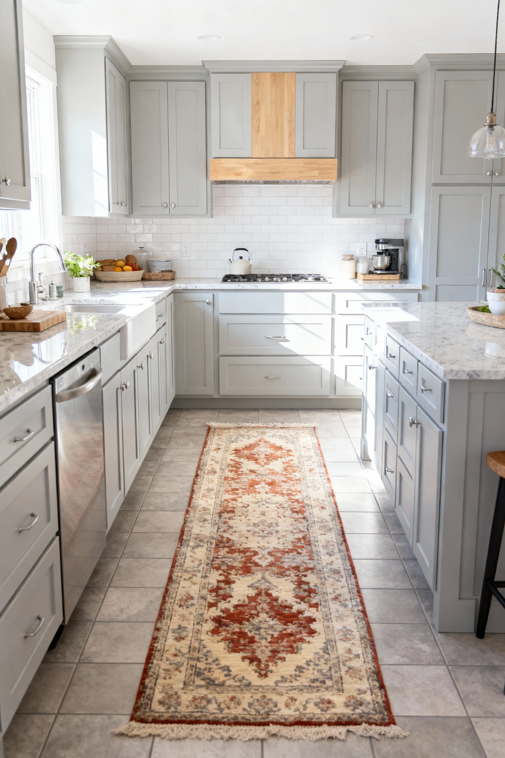 A long, low-pile runner rug with a faded vintage pattern is placed in the central aisle of a modern gray and white kitchen to anchor the space and soften hard surfaces.