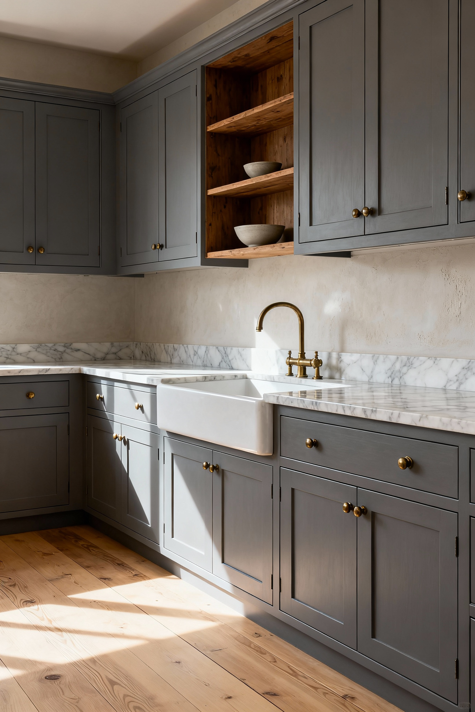 A bright, timeless Nordic kitchen featuring durable slate-gray cabinetry, solid marble countertops, and oak flooring, illustrating a structural investment in kitchen quality.
