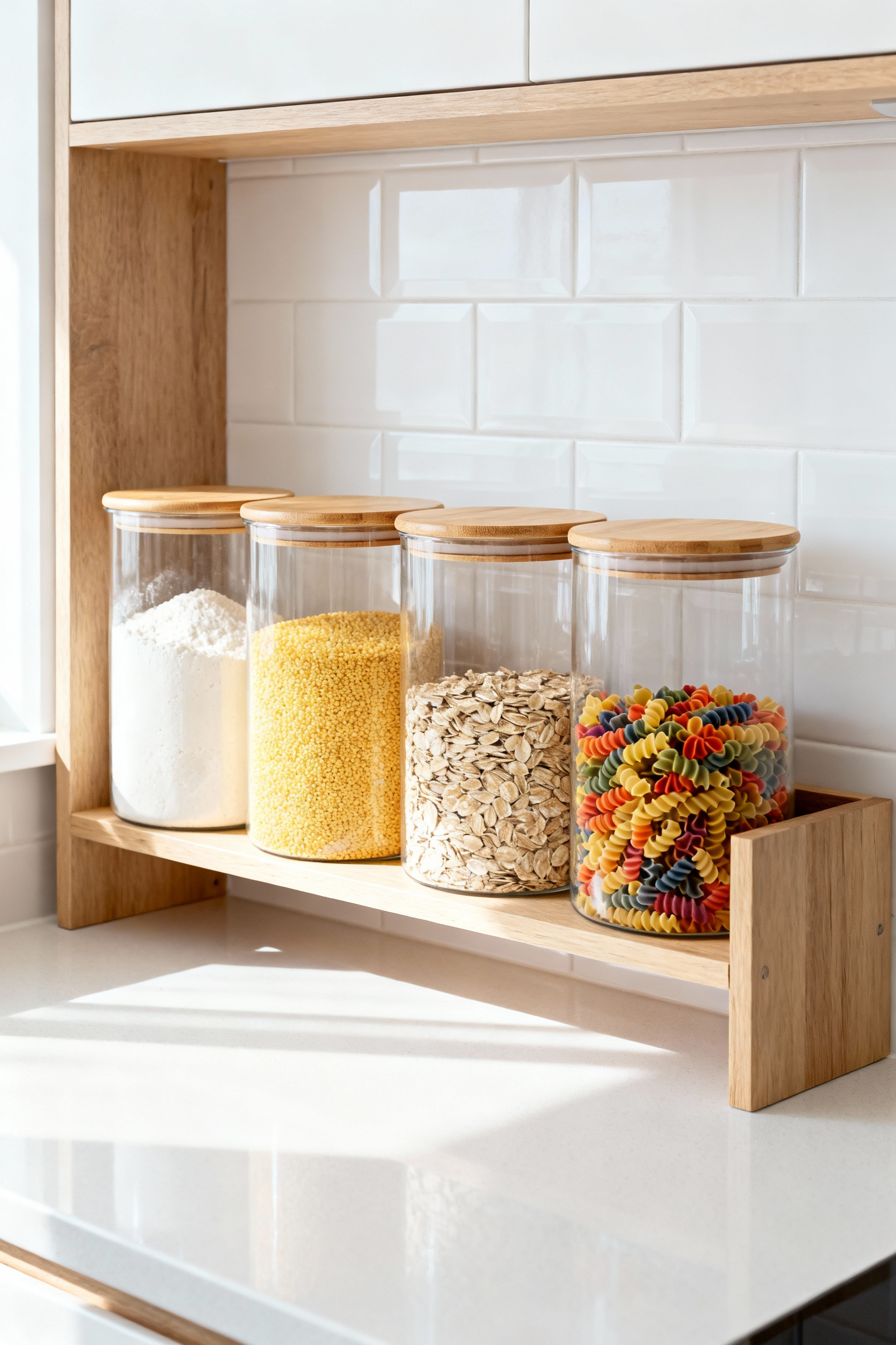Organized kitchen pantry area featuring open shelving holding numerous matching clear glass jars filled with decanted dry goods like flour, oats, and pasta, demonstrating visual calm and reduced clutter.