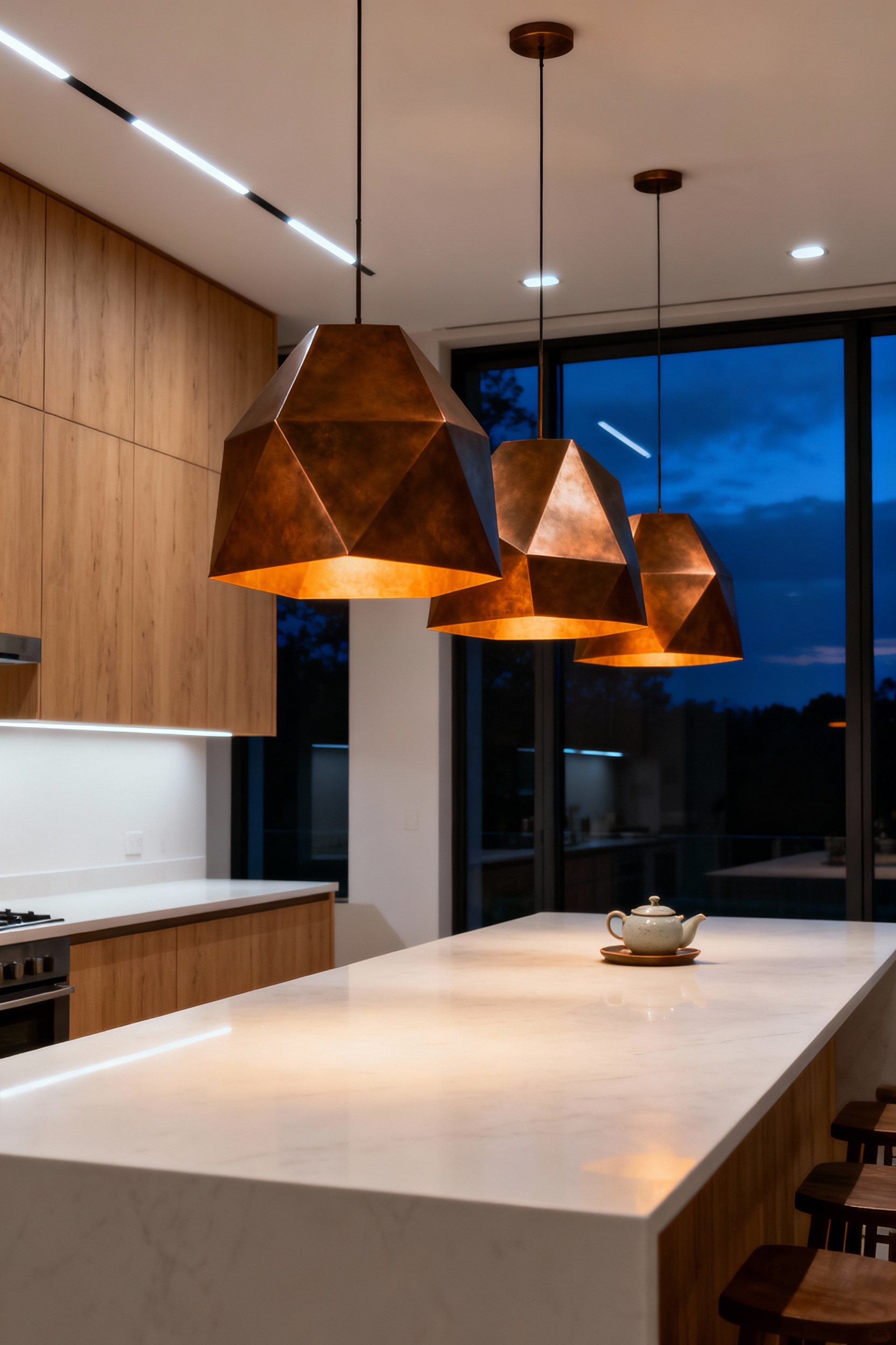 Full shot of a modern Scandinavian kitchen at night, illustrating layered lighting; sculptural bronze pendants cast a warm, hygge glow over the kitchen island while all harsh task lights are turned off.