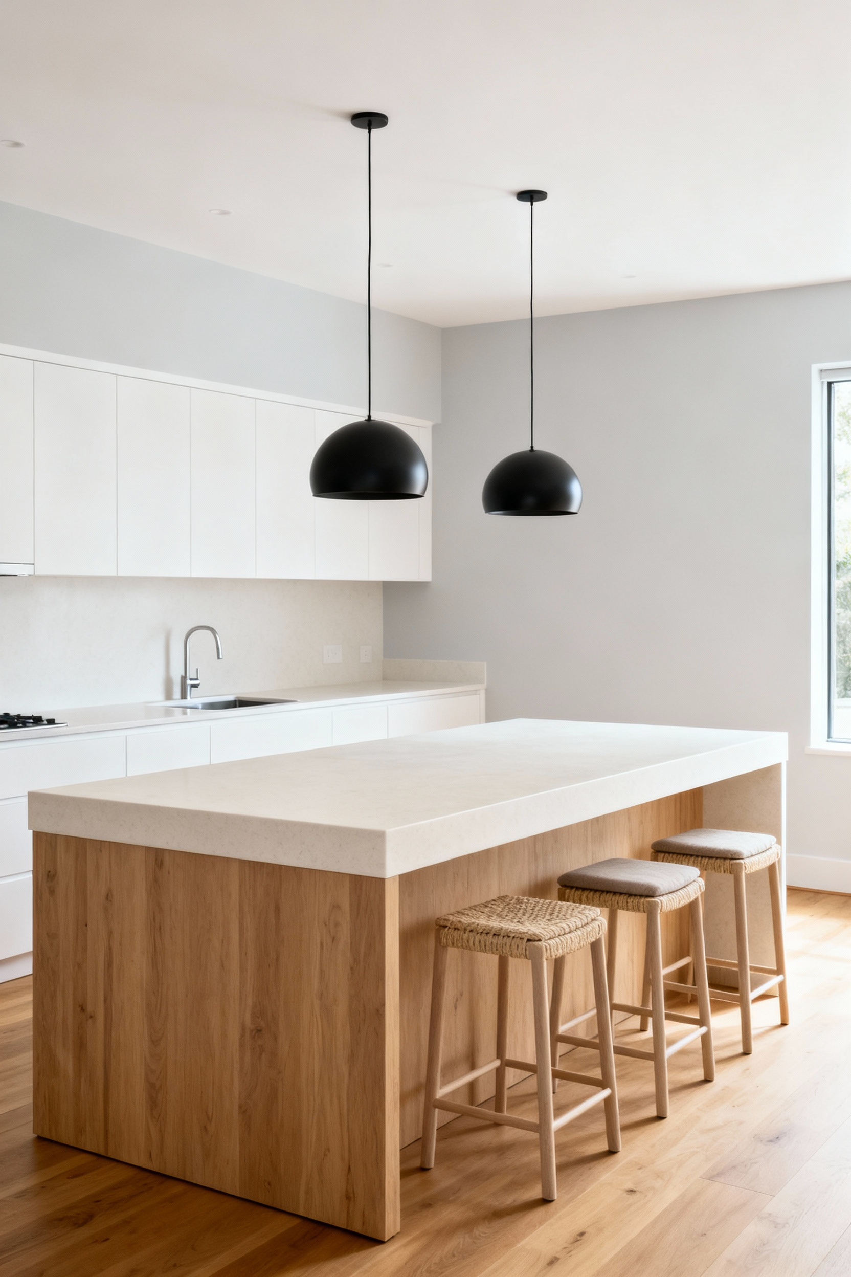 A bright, full-scene image of a modern Scandinavian kitchen featuring a large, multi-functional island with a wide countertop overhang and comfortable stools, emphasizing its role as a social gathering point.
