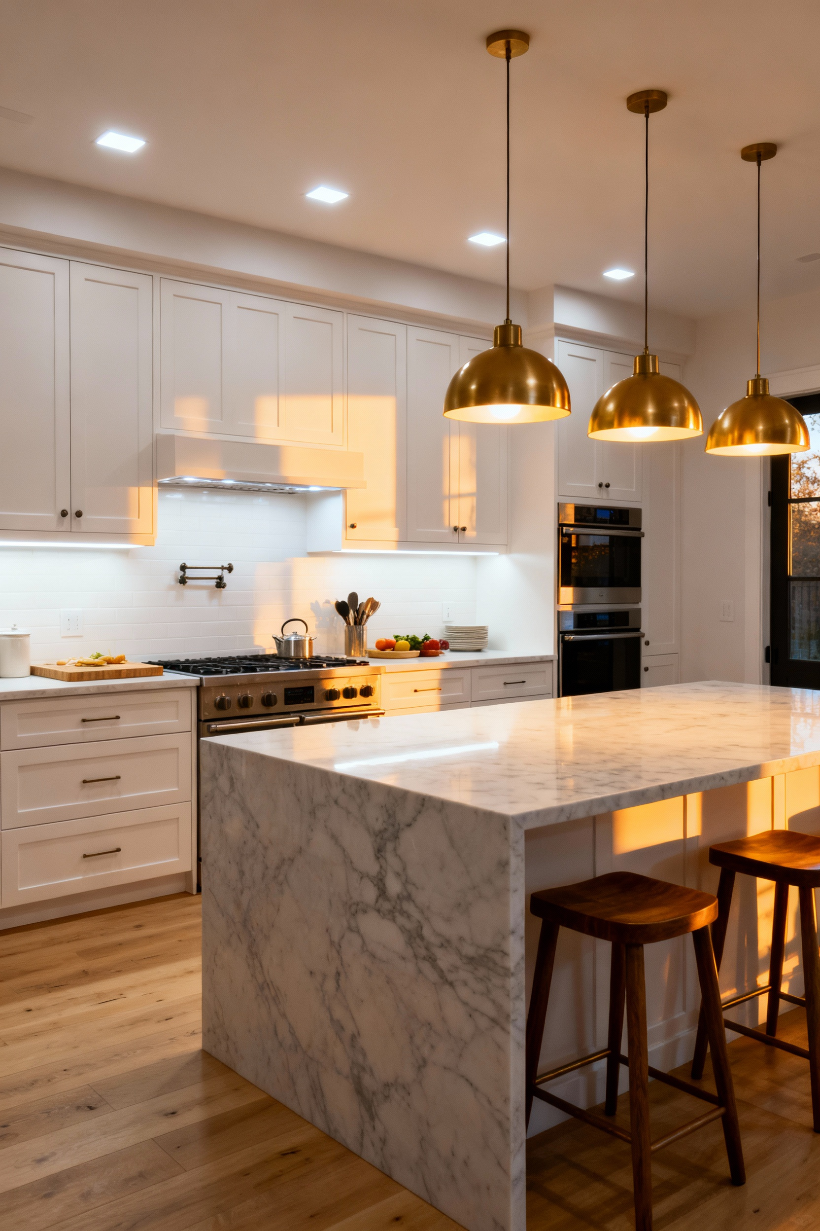 A modern Scandinavian kitchen demonstrating the strategic use of 3000K white task lighting contrasted with soft 2700K golden pendant lights to create a functional yet warm hygge environment.