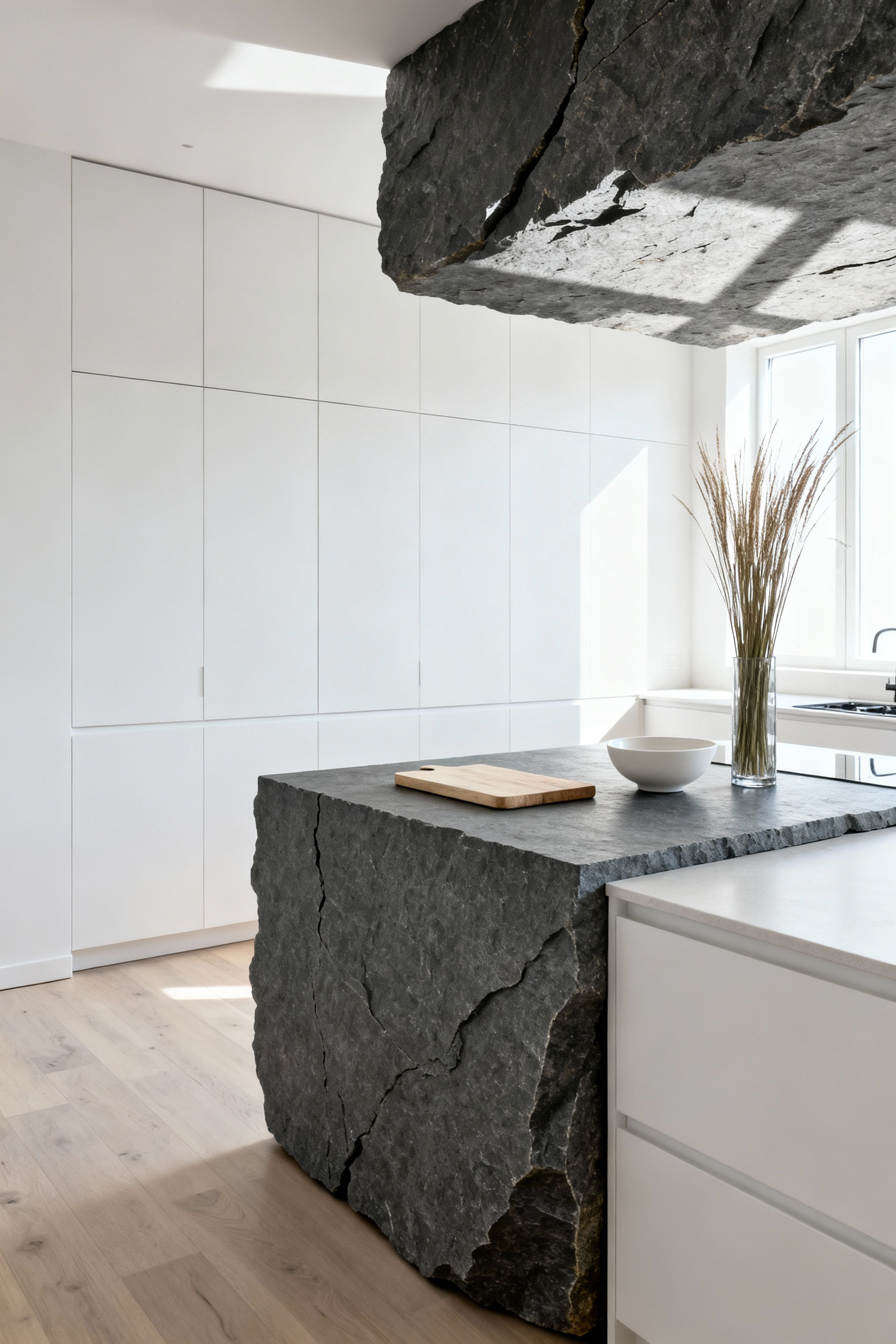 A bright, airy Nordic kitchen with white cabinetry and pale wooden floors, dramatically contrasted by an island countertop made of dark, non-reflective natural cleft slate.