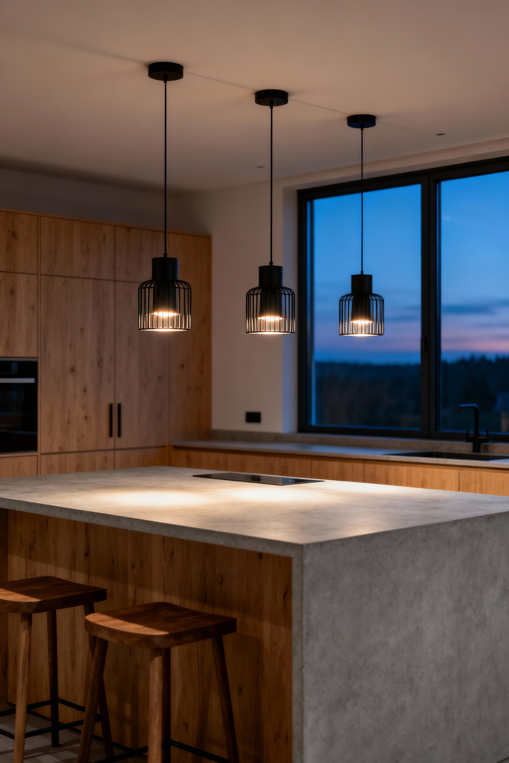 A Scandinavian kitchen island featuring three low-hung, open-cage matte black pendant light fixtures casting warm, localized light onto the pale countertop, emphasizing intimacy and coziness.