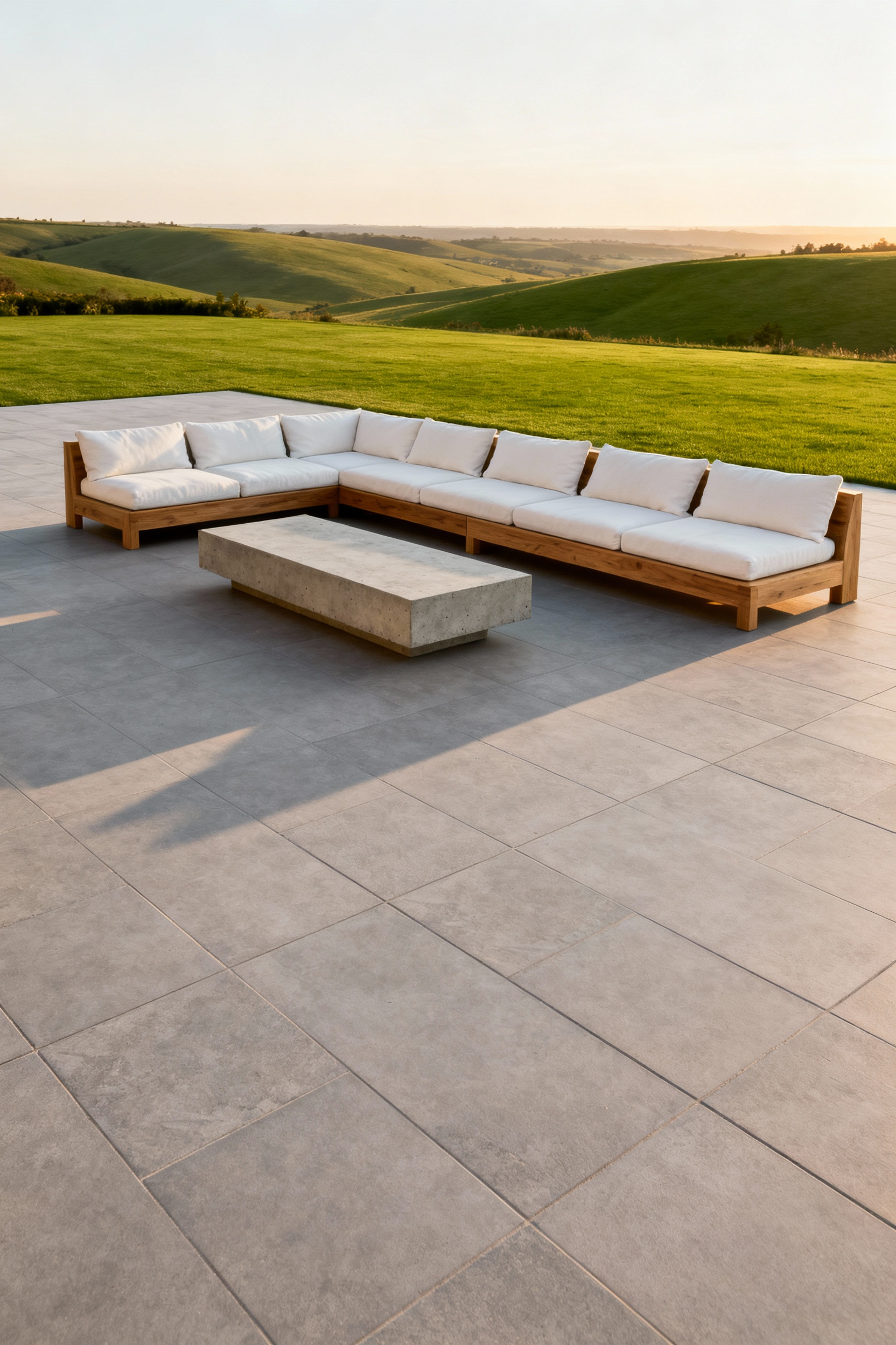 A minimalist outdoor patio featuring low-profile, light teak modular furniture and a concrete coffee table, designed to maximize unbroken sightlines over a lush green landscape at sunset.