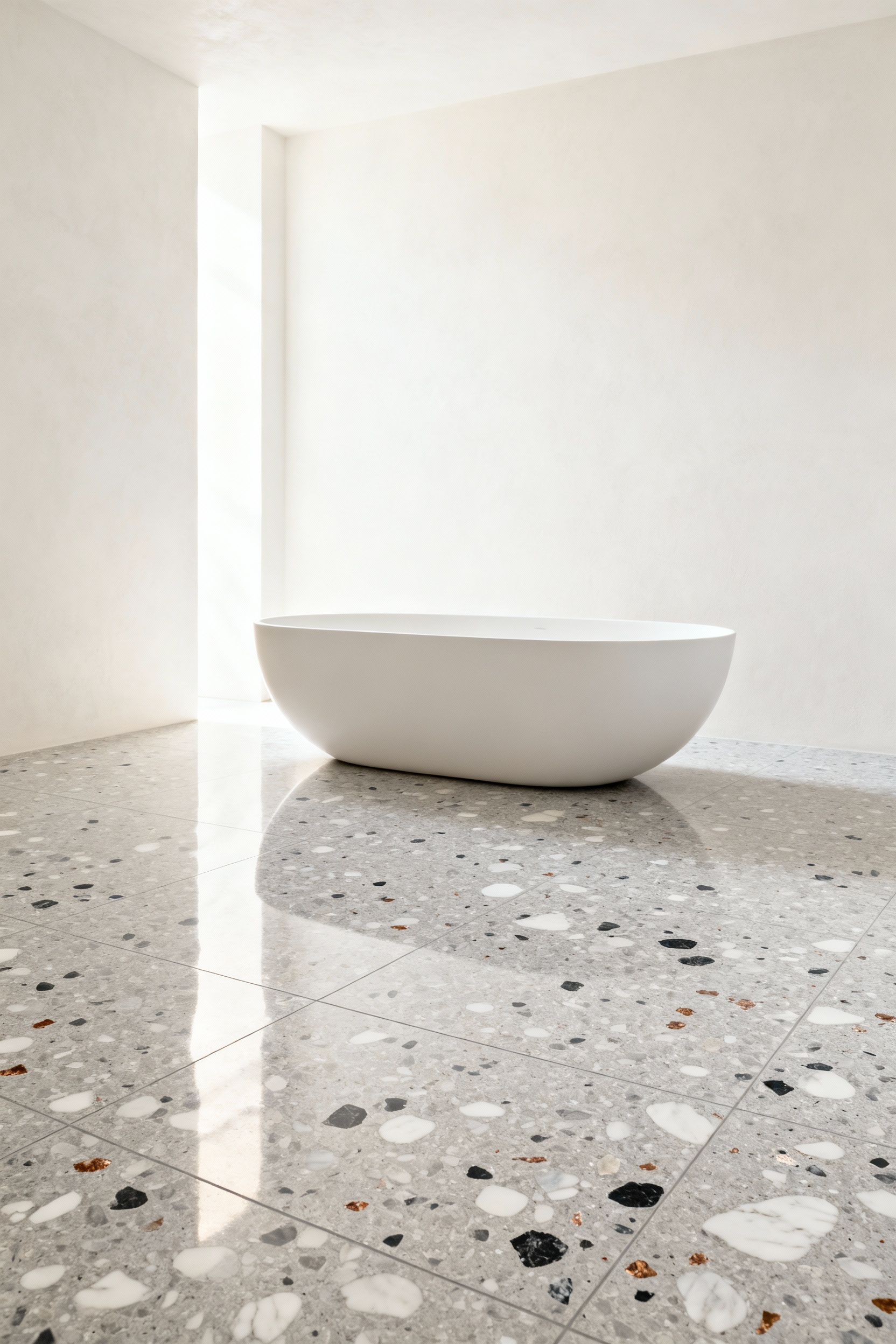 Seamless large-format light gray terrazzo floor tiles in a minimalist modern bathroom, reducing grout lines for a tranquil appearance around a freestanding white tub.