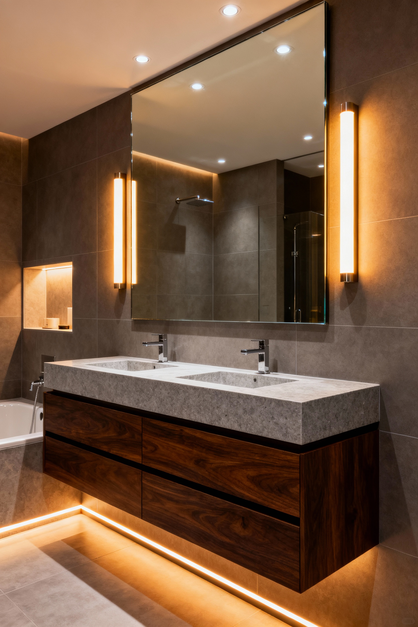 A modern luxury bathroom interior demonstrating layered lighting with warm eye-level sconces, subtle toe-kick accent lighting, and recessed ambient lights over a floating double vanity.