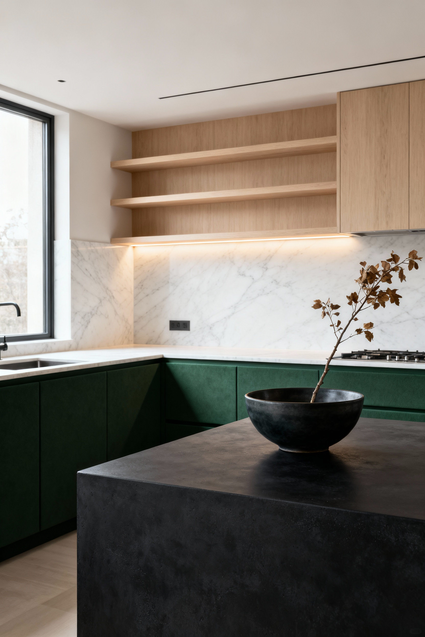 A modern, minimalist kitchen featuring deep forest green matte cabinetry, honed white marble countertops, and soft natural lighting to showcase the elimination of glare and the velvety texture of soft-touch surfaces.