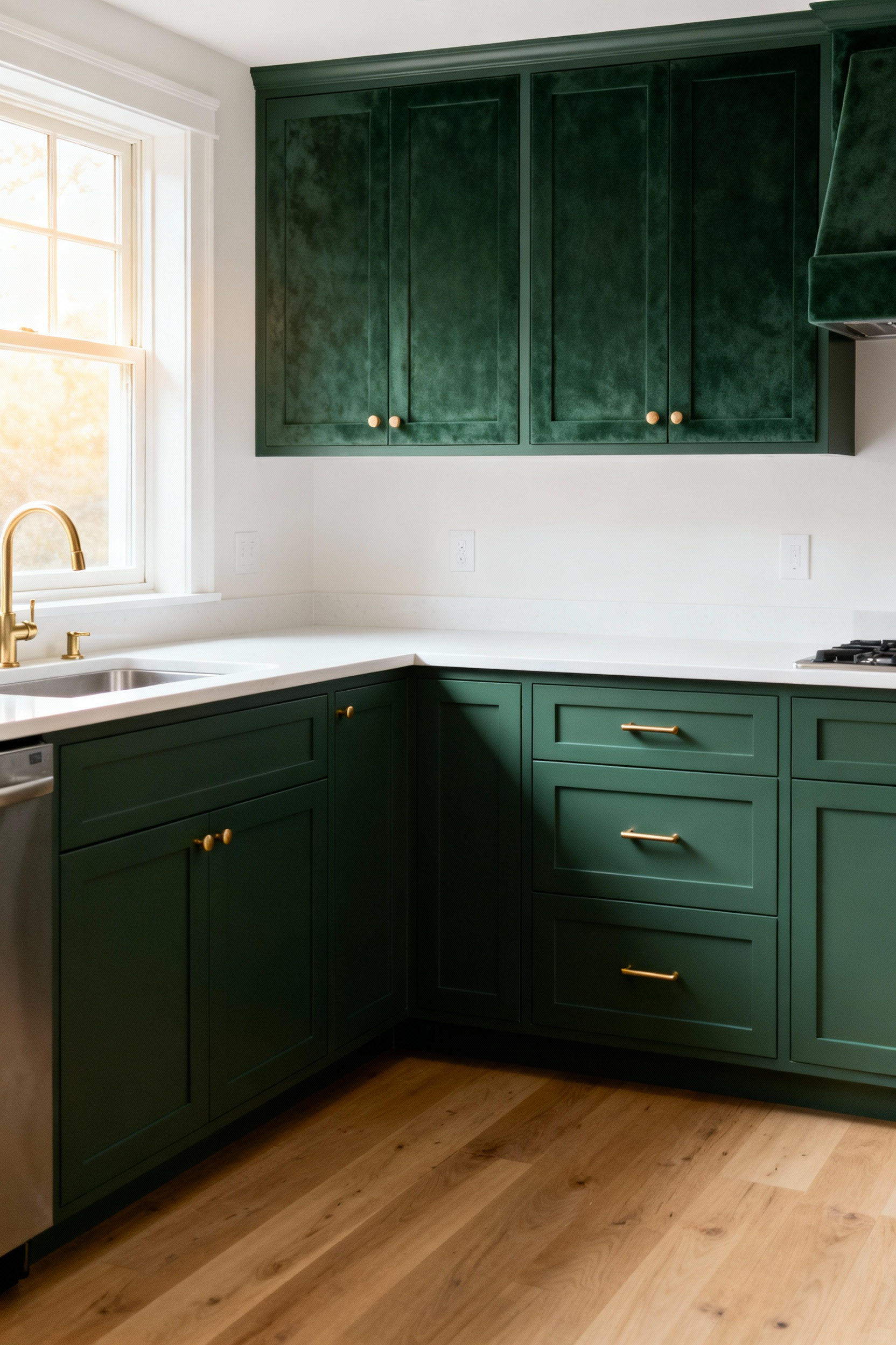 A full view of a modern kitchen featuring matte sage green painted Shaker cabinets, illustrating how the light-absorbing finish conceals imperfections and provides a sophisticated, budget-friendly update.