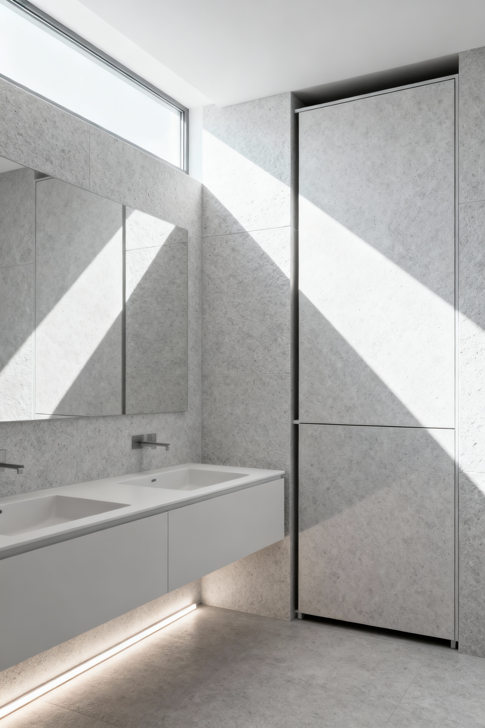 A modern minimalist bathroom featuring a floating vanity and a floor-to-ceiling storage tower that is completely recessed into the wall, maintaining a visually tranquil, seamless architectural aesthetic.