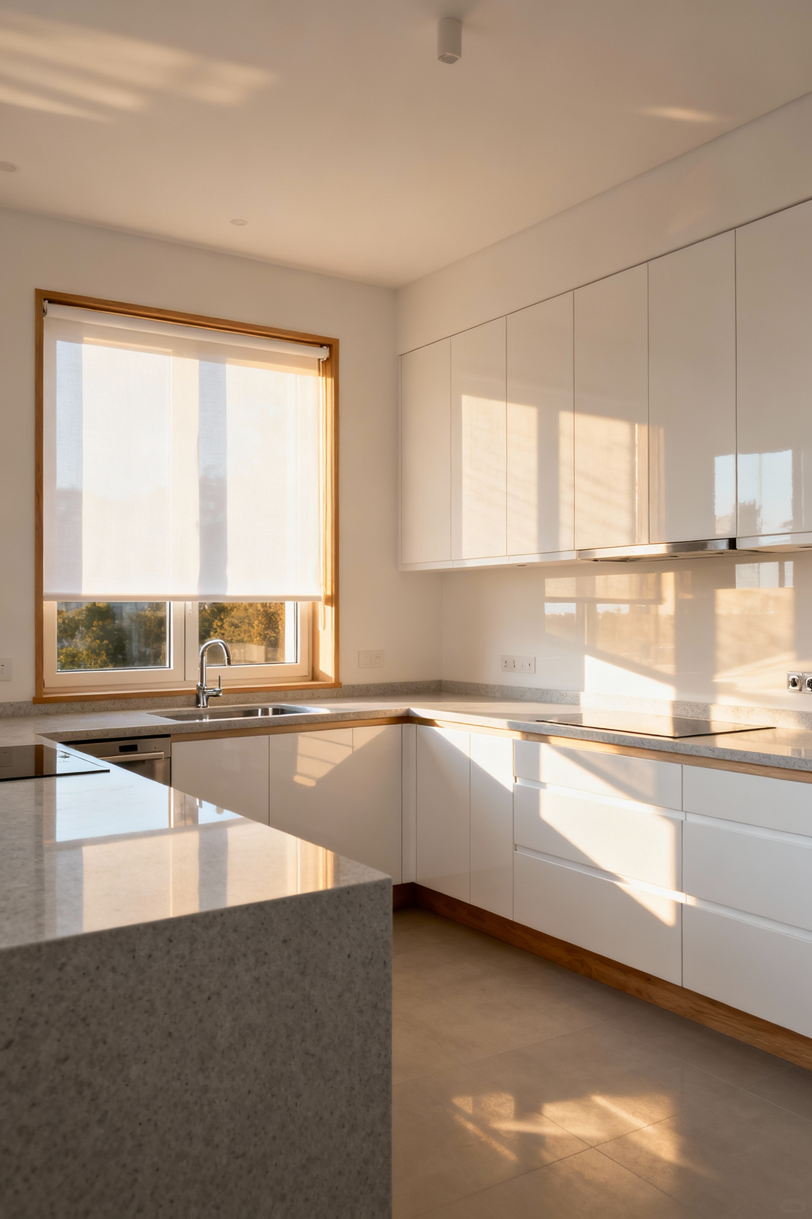 Small, bright, minimalist kitchen featuring sheer white roller shades pulled halfway down, maximizing natural light reflection off white cabinets and making the space appear larger.