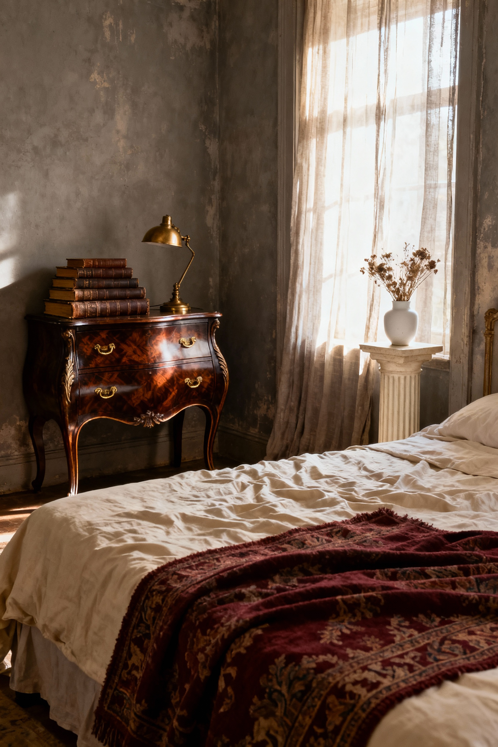 A photograph of a vintage bedroom showing a bed flanked by two dramatically mismatched antique nightstands: a dark Louis XV commode and a pale Neoclassical pedestal table.