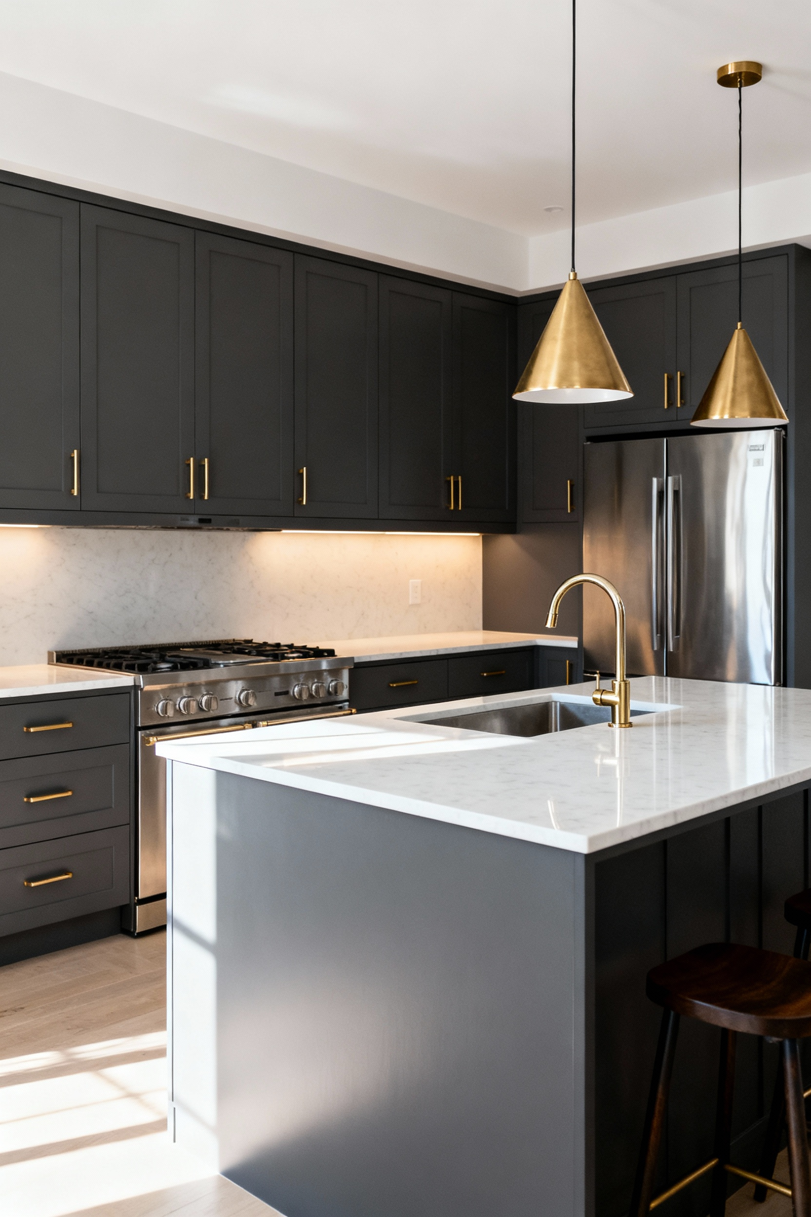 A modern, minimalist kitchen featuring matte charcoal gray cabinets and stainless steel appliances contrasted sharply with warm brushed brass hardware, pendant lights, and kitchen faucet accents.