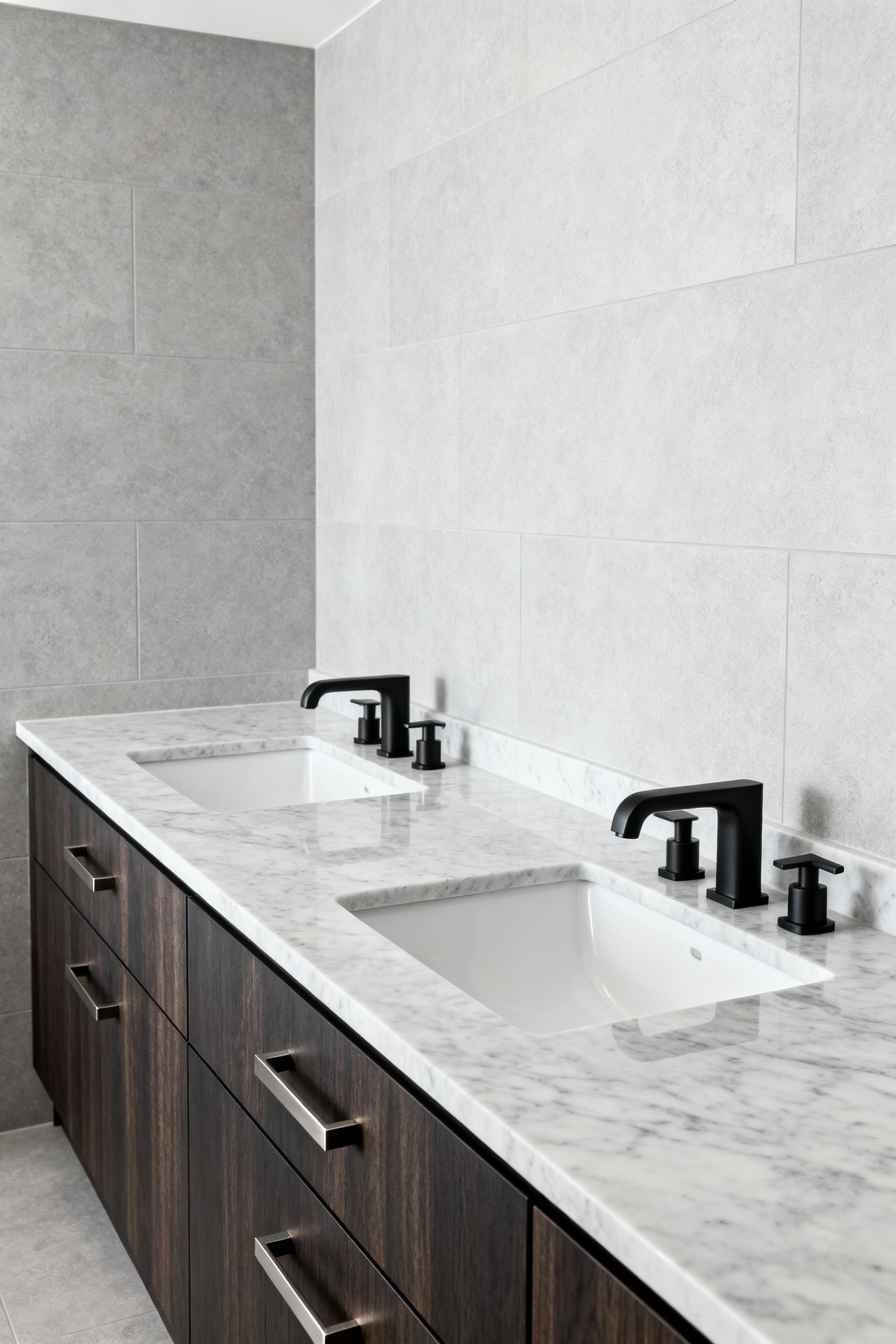 A modern bathroom vanity featuring a matte black widespread faucet and brushed nickel cabinet hardware installed on a light gray quartz countertop.