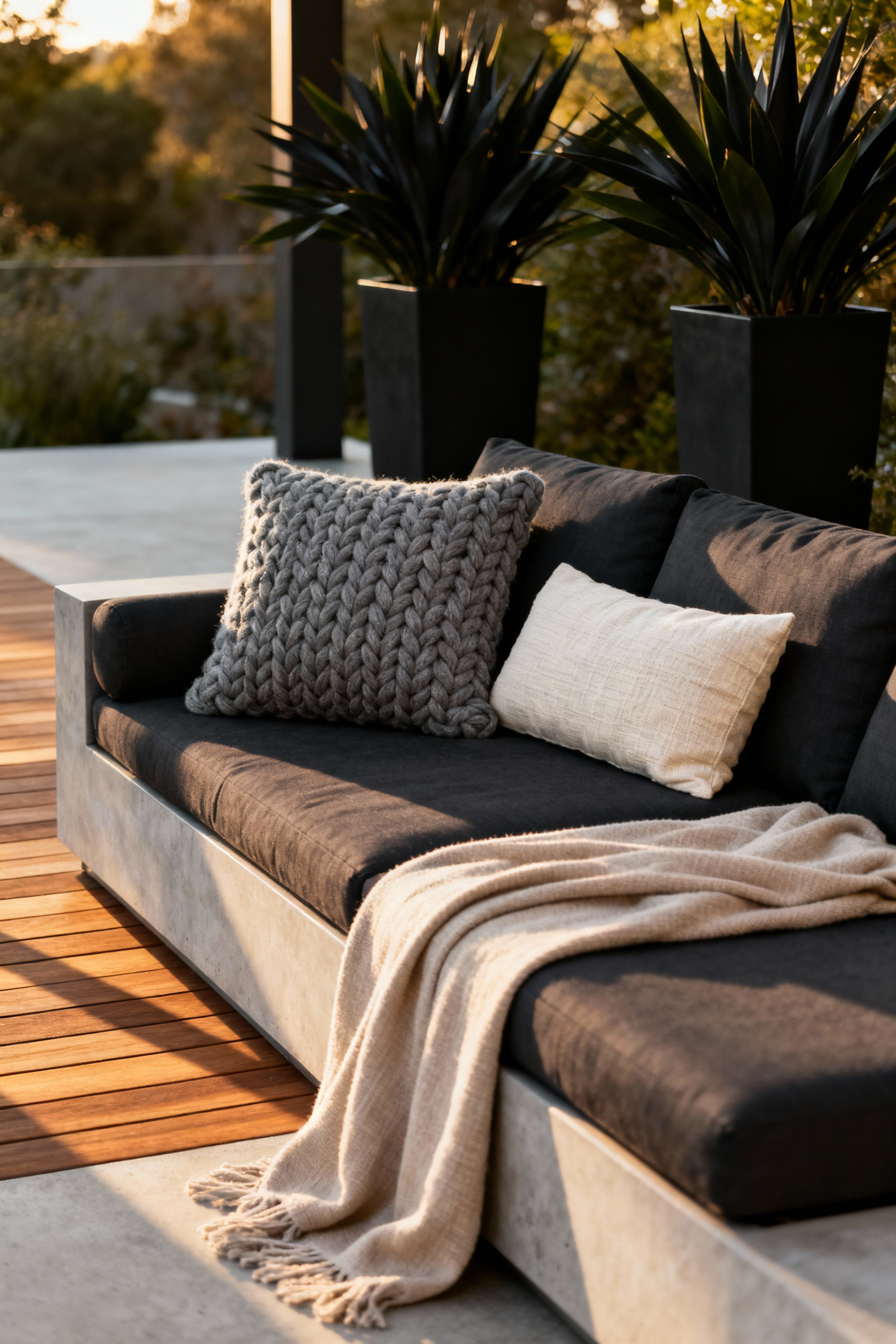 A modern outdoor patio sectional covered in high-performance textured fabrics that mimic cozy indoor textiles like nubby linen and chunky knit wool.