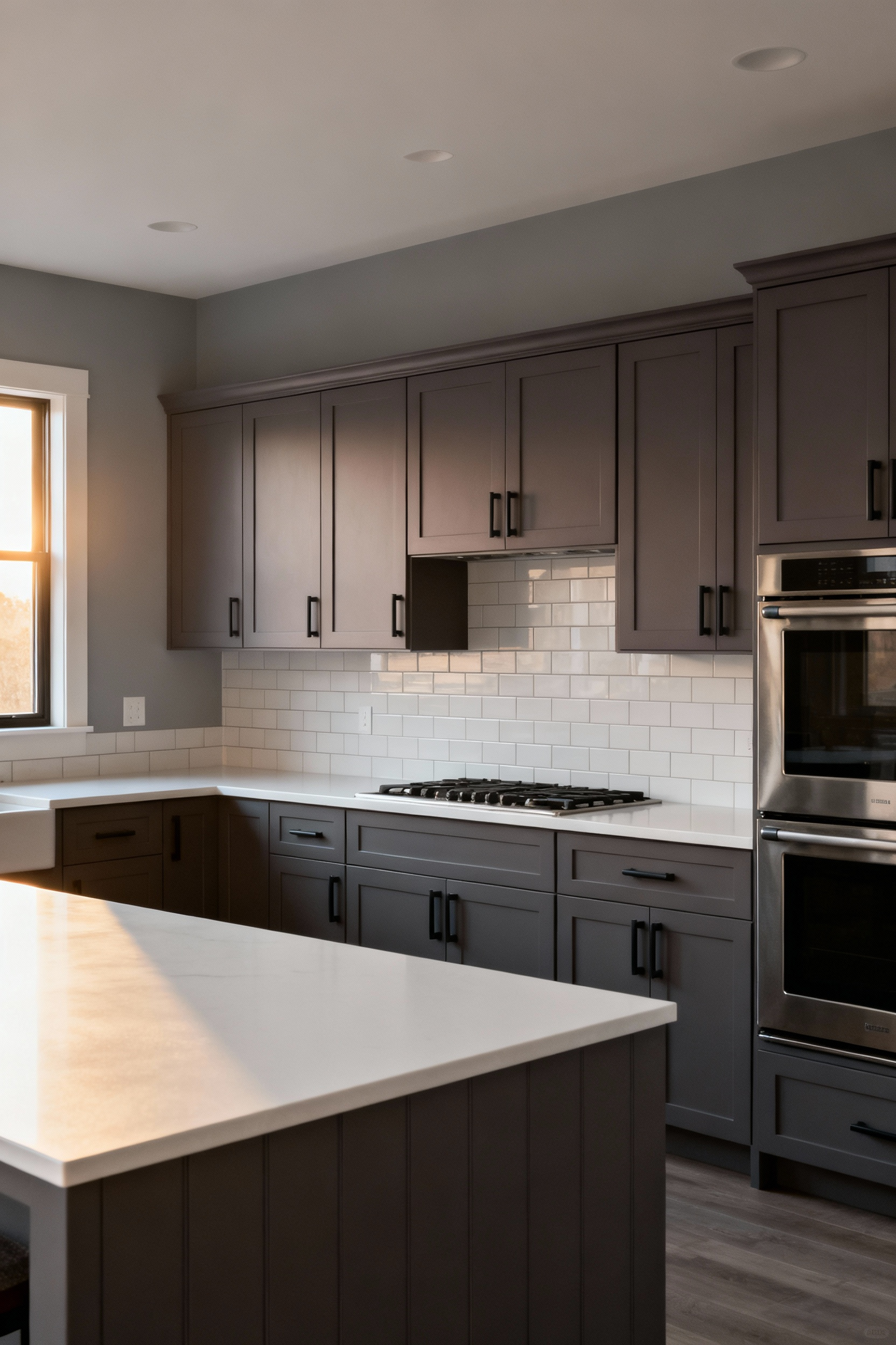 A sophisticated, full-scene view of a kitchen featuring monochromatic soft gray painted shaker cabinets and layered misty gray walls, demonstrating depth and budget-friendly elegance.