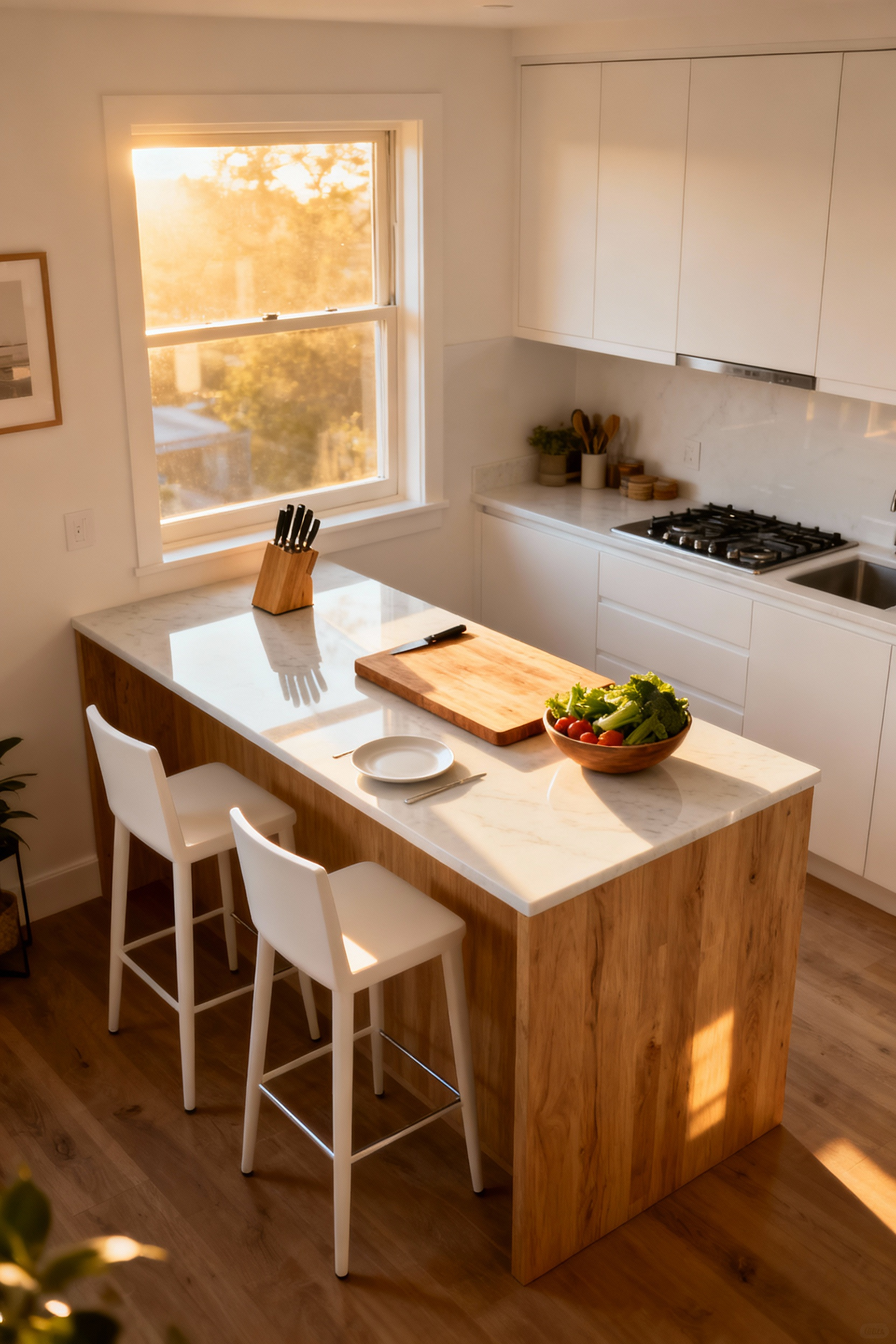 A full-scene image of a small kitchen design featuring a multi-functional wood and white quartz island used simultaneously as a food preparation station and a cozy dining area with two stools, demonstrating efficient use of compact space.