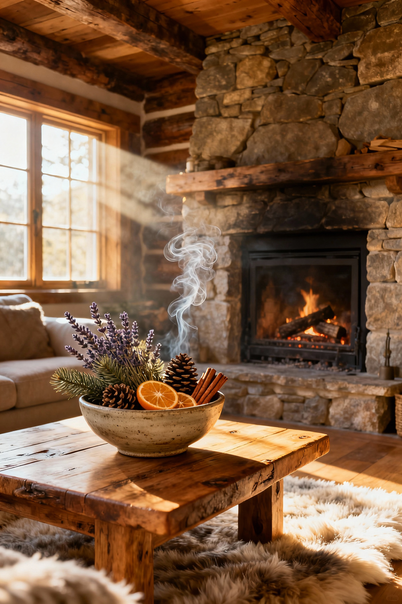 Rustic living room with a stone fireplace, featuring a bowl of dried botanical elements like lavender and cedar cones on a wooden table, evoking natural scents and an authentic olfactory tapestry.