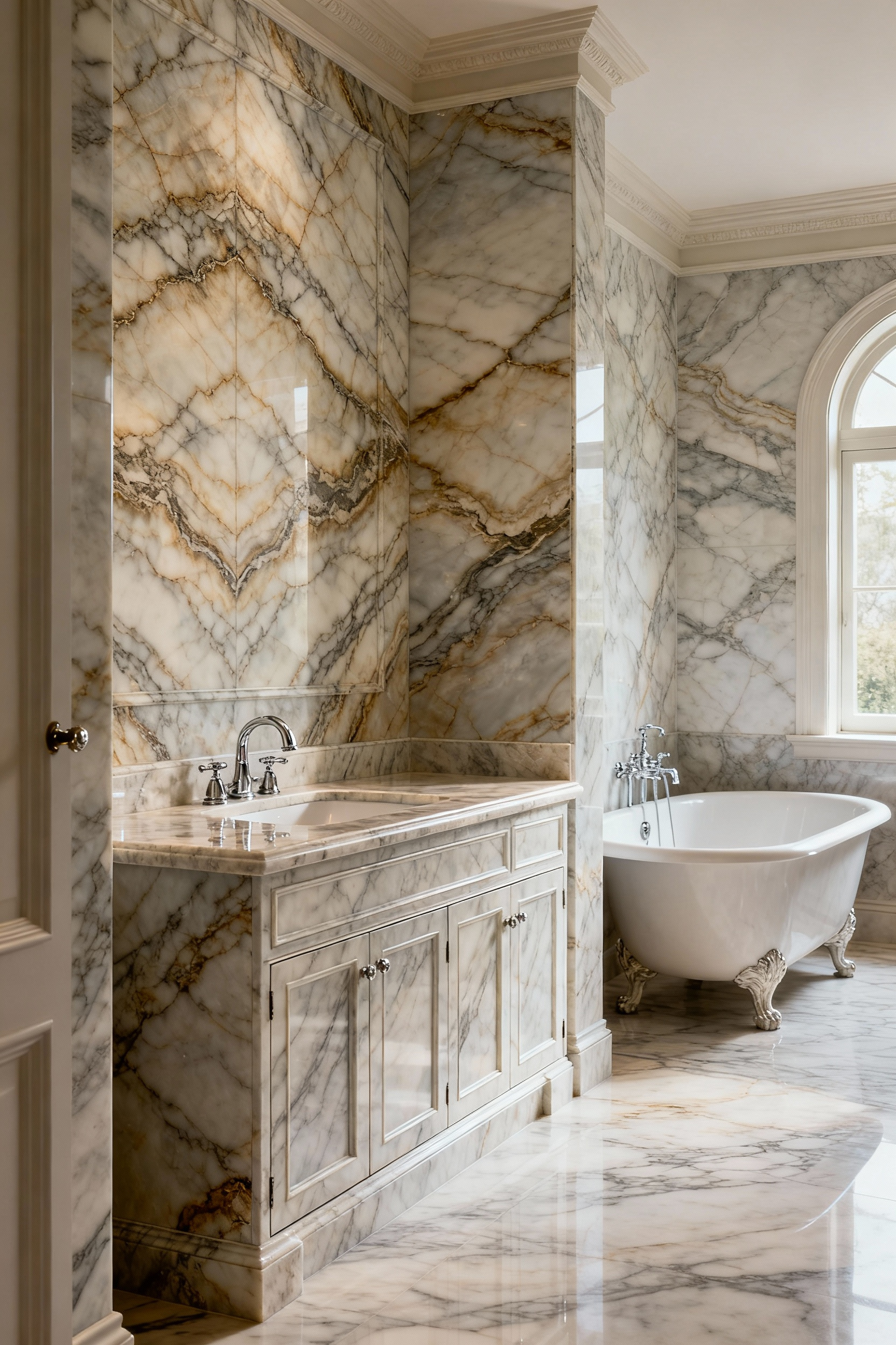 Luxurious classic bathroom interior featuring a grand vanity and feature wall made of seamlessly bookmatched natural stone with intricate veining. The stone exhibits a honed finish. Polished chrome fixtures and a classical freestanding bathtub contribute to the elegant design. Soft natural light highlights the rich textures.