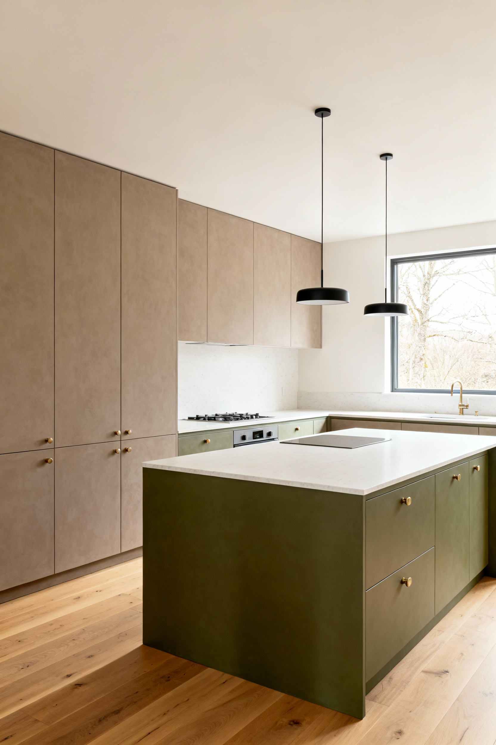 A modern New Nordic kitchen design featuring warm greige cabinetry and walls paired with a grounding sage green kitchen island, illuminated by natural light.