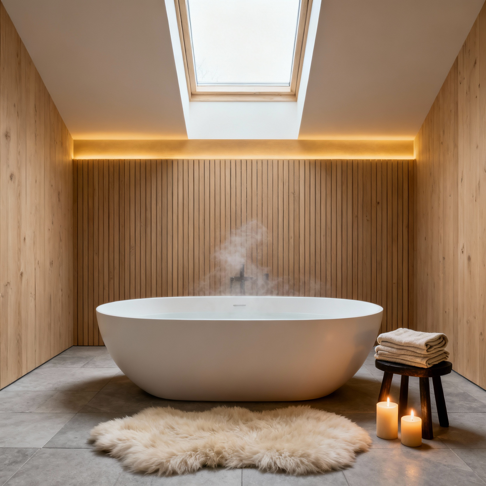 A minimalist Nordic spa bathroom featuring light wood paneling, a freestanding white soaking tub, and warm integrated lighting designed to evoke a Hygge 'cocoon' against the cold.