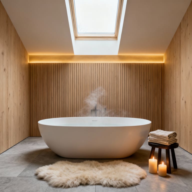 A minimalist Nordic spa bathroom featuring light wood paneling, a freestanding white soaking tub, and warm integrated lighting designed to evoke a Hygge 'cocoon' against the cold.