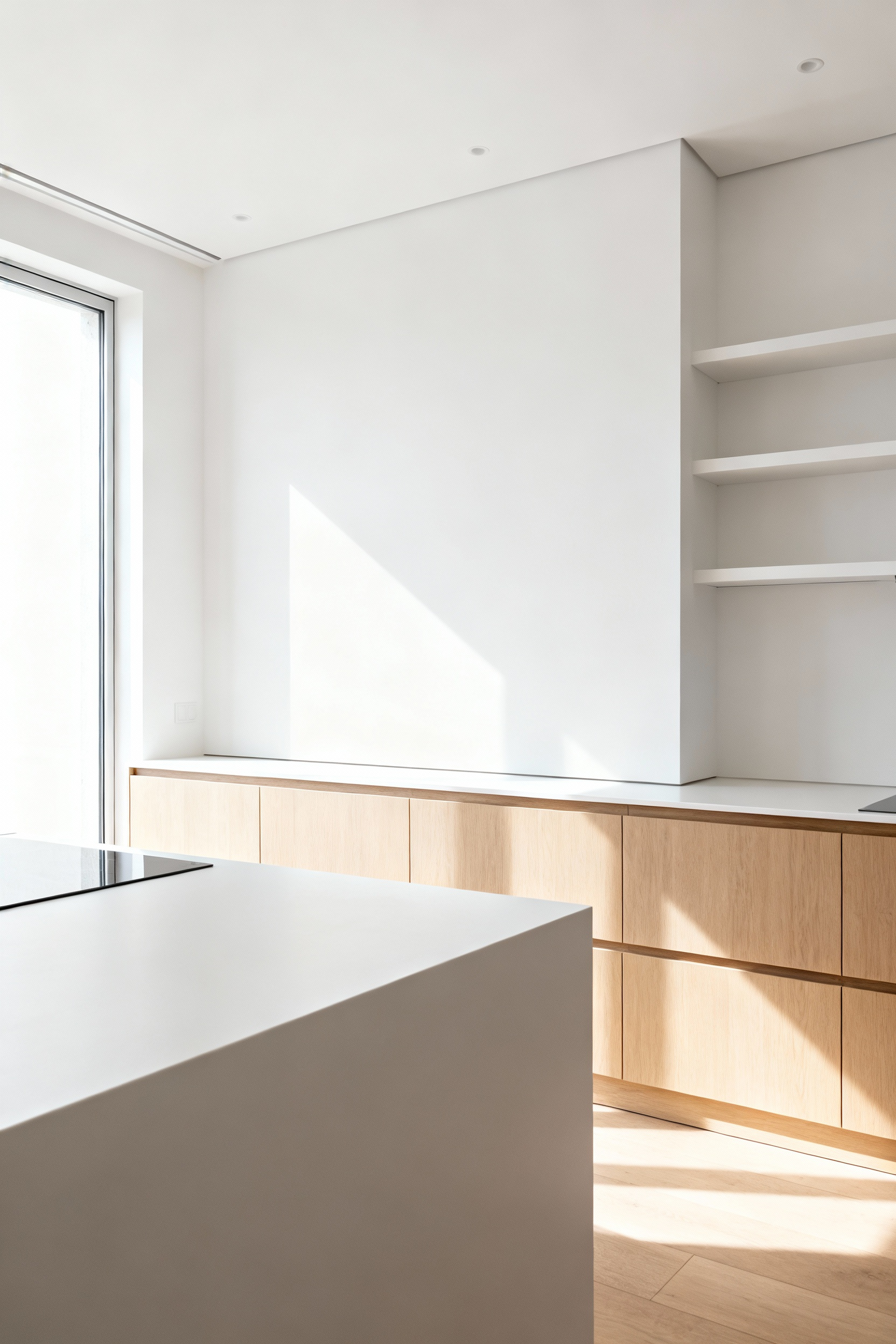 Spacious Scandinavian kitchen featuring seamless light wood cabinets and a large expanse of bare white wall emphasizing negative space for visual rest and spatial breathing room.