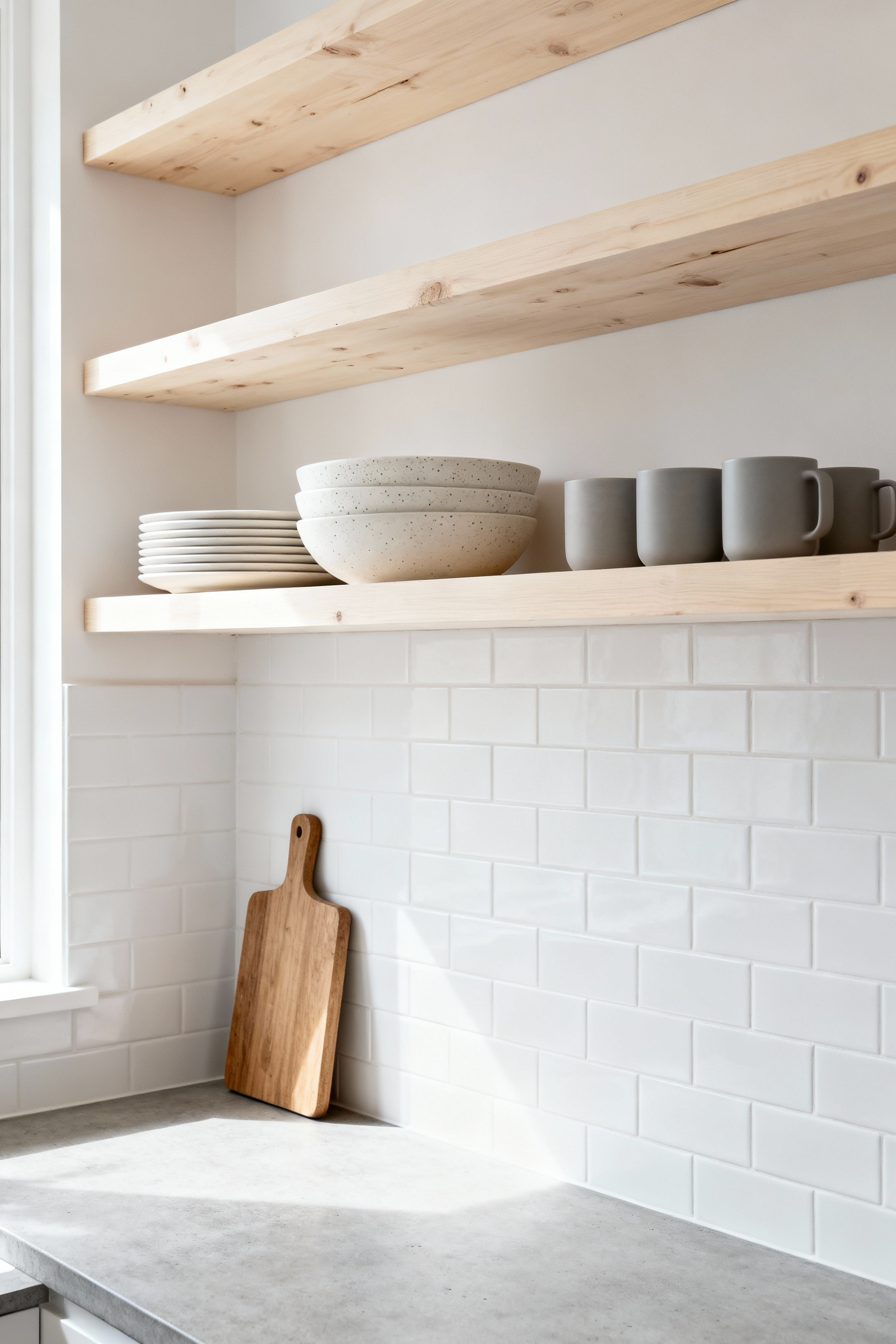 Curated open shelving in a minimalist Nordic kitchen displaying a cohesive collection of matte neutral ceramics and dishes for daily functional use.