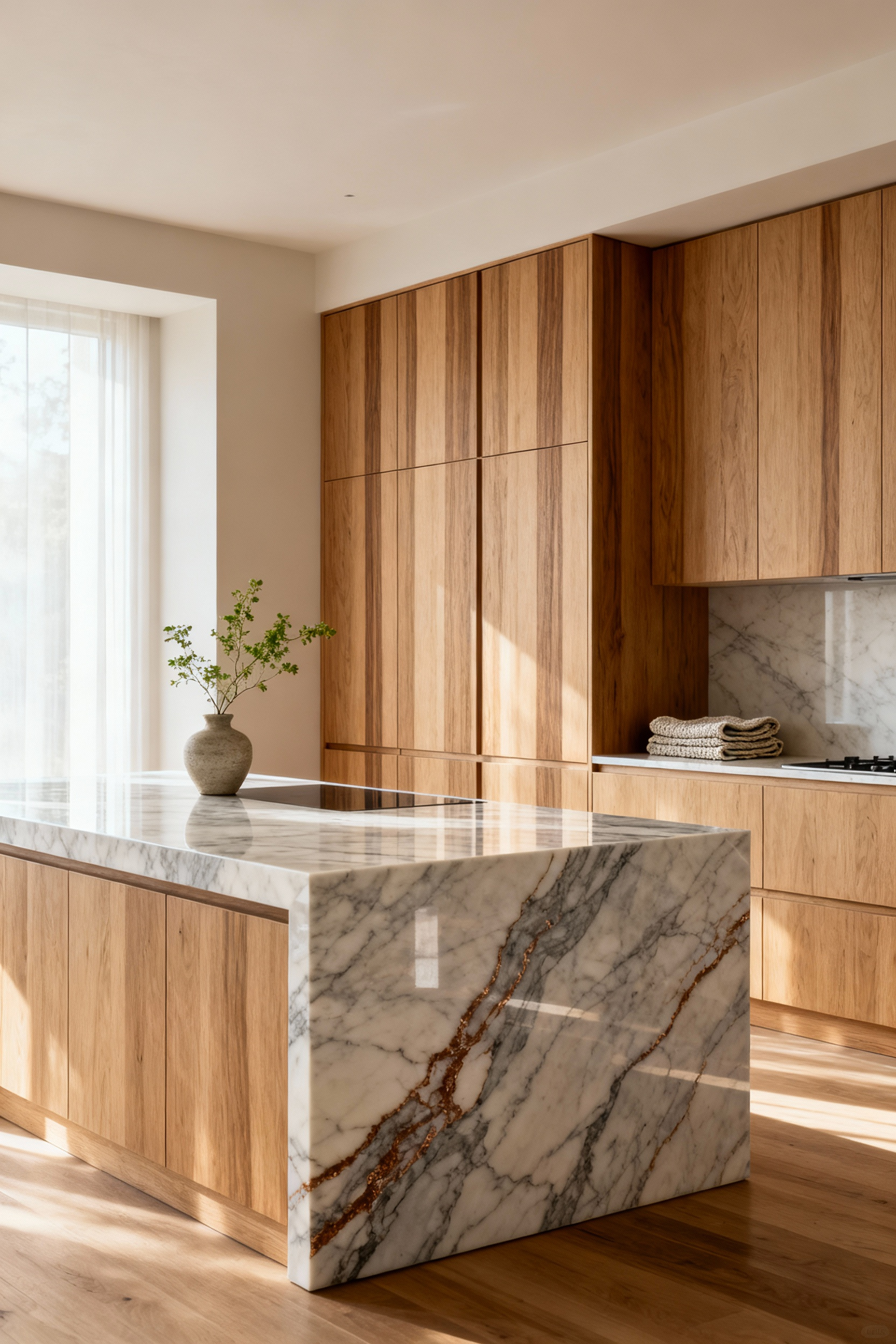 A bright, minimalist Nordic kitchen featuring handleless white oak cabinetry and a large central island topped with thick white marble, showcasing the tactile contrast between natural wood grain and cool stone.