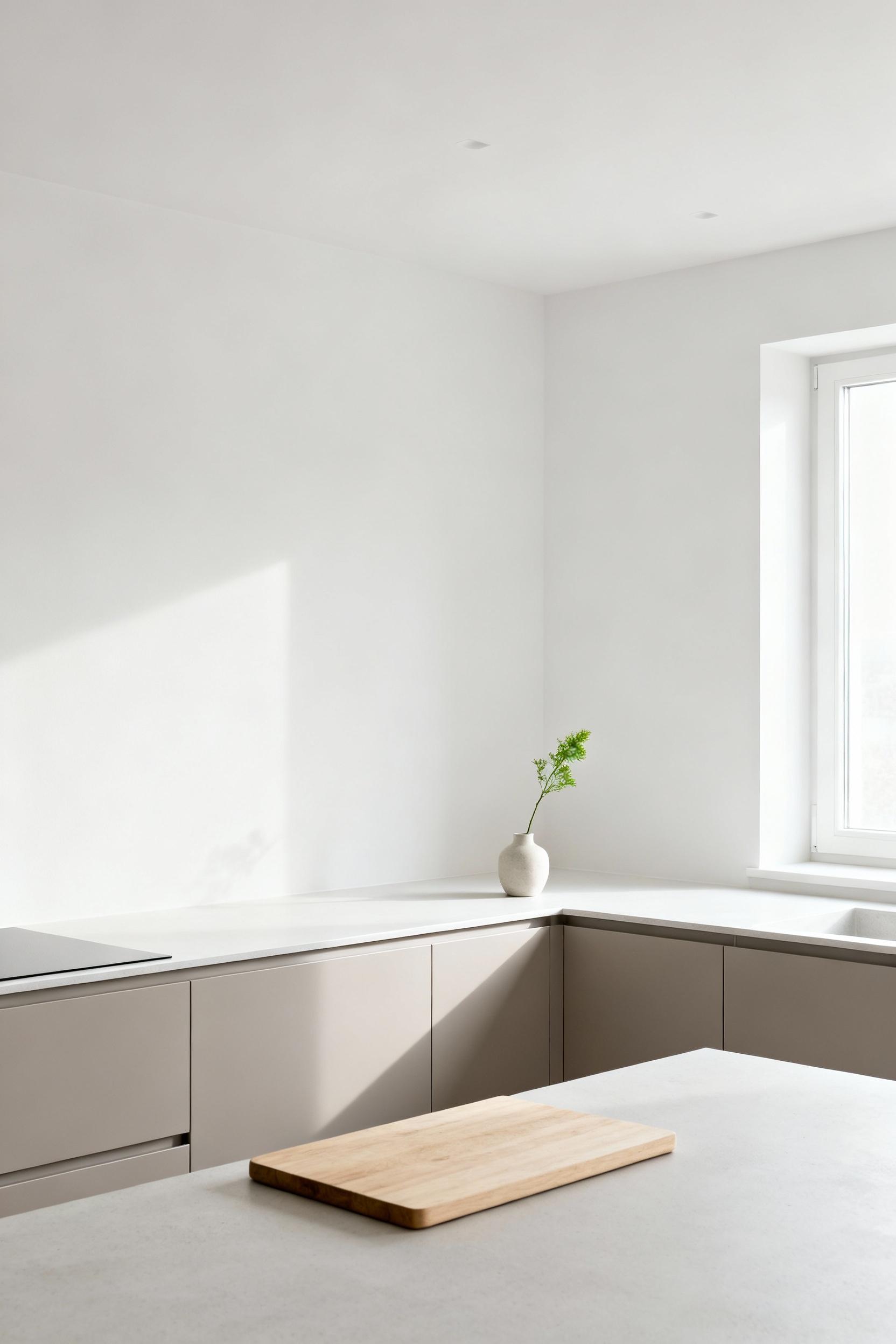 Minimalist Nordic kitchen featuring simple, light gray slab cabinetry and white walls, demonstrating how subtractive design achieves a clean, sophisticated look on a budget.