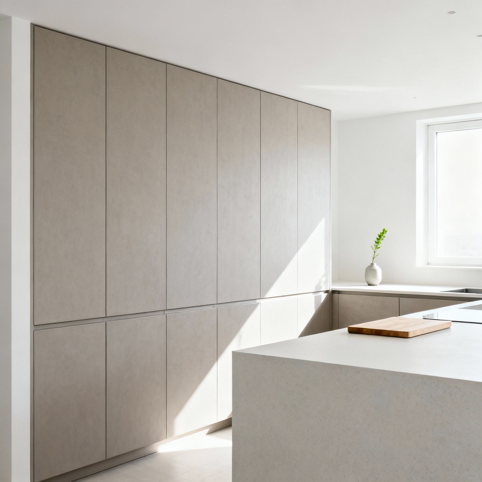 Minimalist Nordic kitchen featuring simple, light gray slab cabinetry and white walls, demonstrating how subtractive design achieves a clean, sophisticated look on a budget.