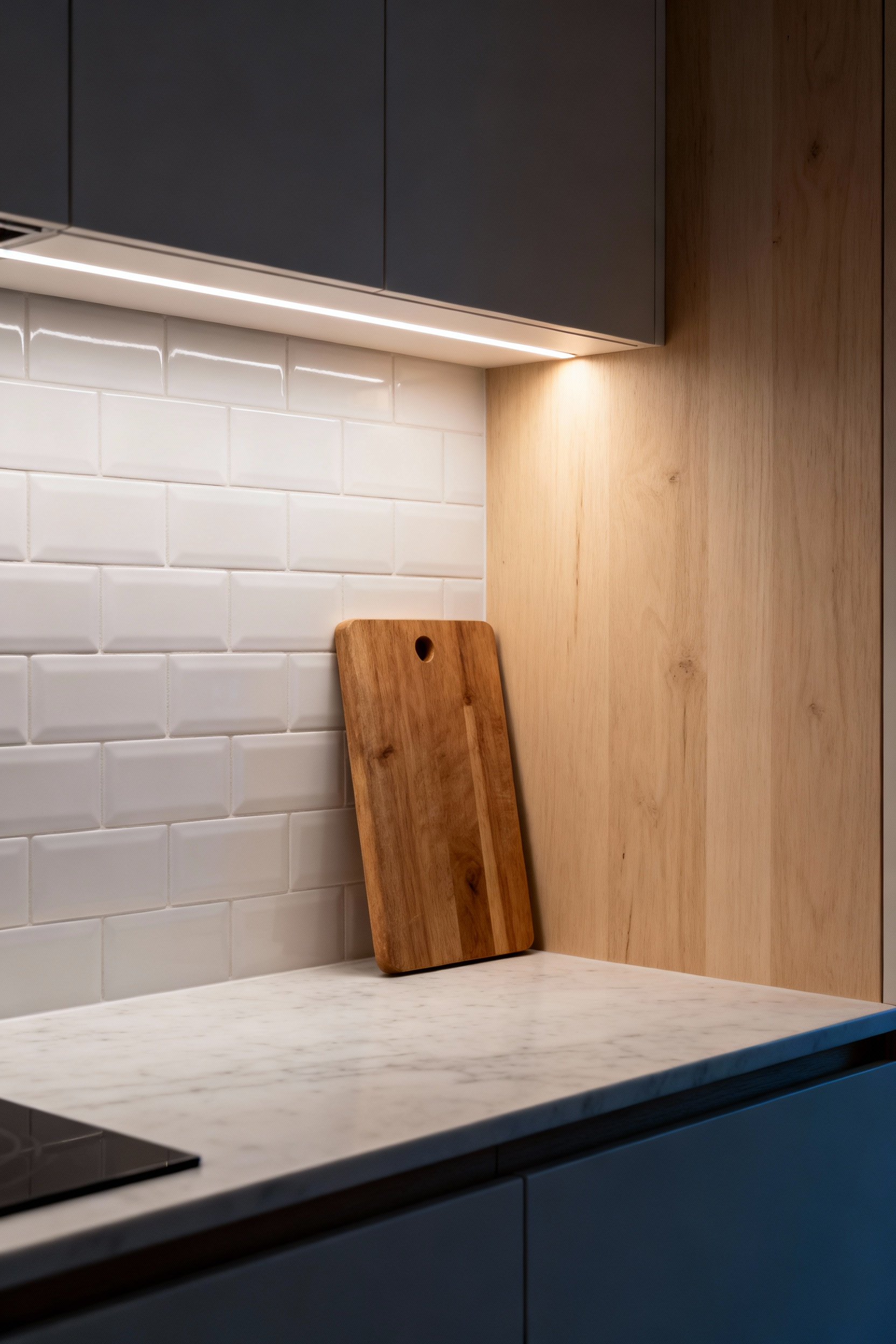 Seamless LED strip lighting concealed under light blonde kitchen cabinets illuminates a white stone countertop, showcasing a refined Nordic design focused on functionality and ambiance.