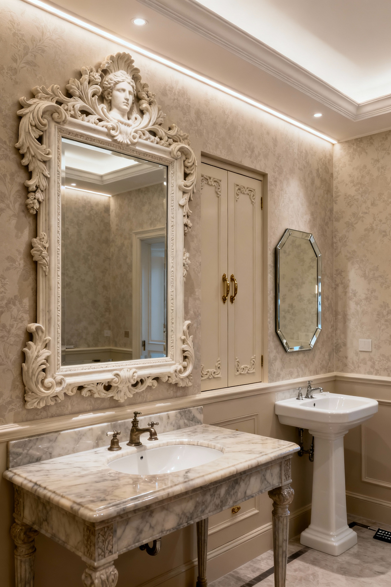 Luxurious bathroom with an ornate, intricately carved gesso-framed mirror or elegantly recessed classical cabinetry above a marble vanity, highlighting classical proportions and timeless design.