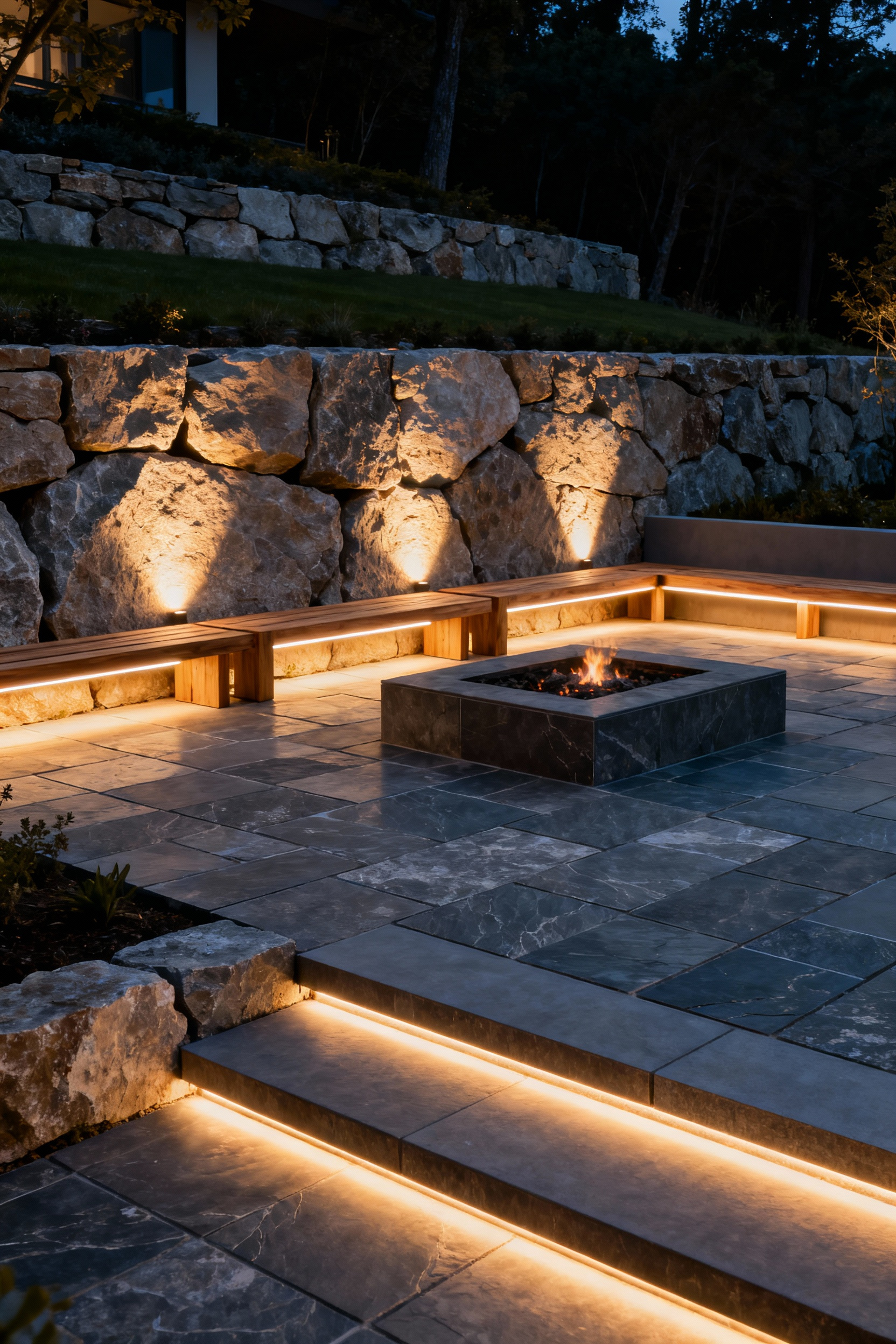 A modern patio at twilight illuminated by 2700K warm architectural lighting, highlighting the texture of stone walls and wooden benches with a golden, sculptural glow.