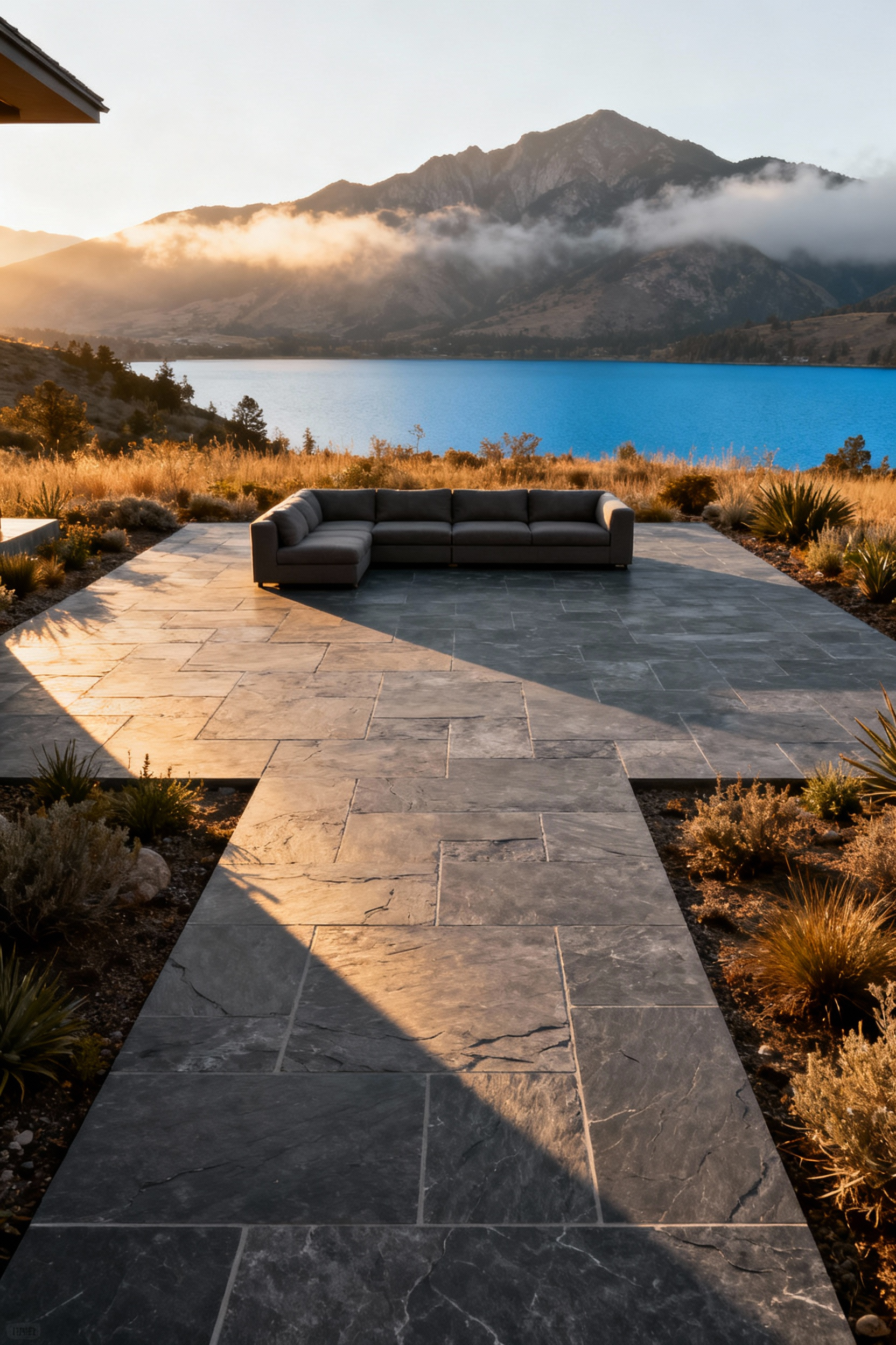 Asymmetrical patio design extending outwards to maximize the natural sightline of a distant mountain and lake vista during golden hour.