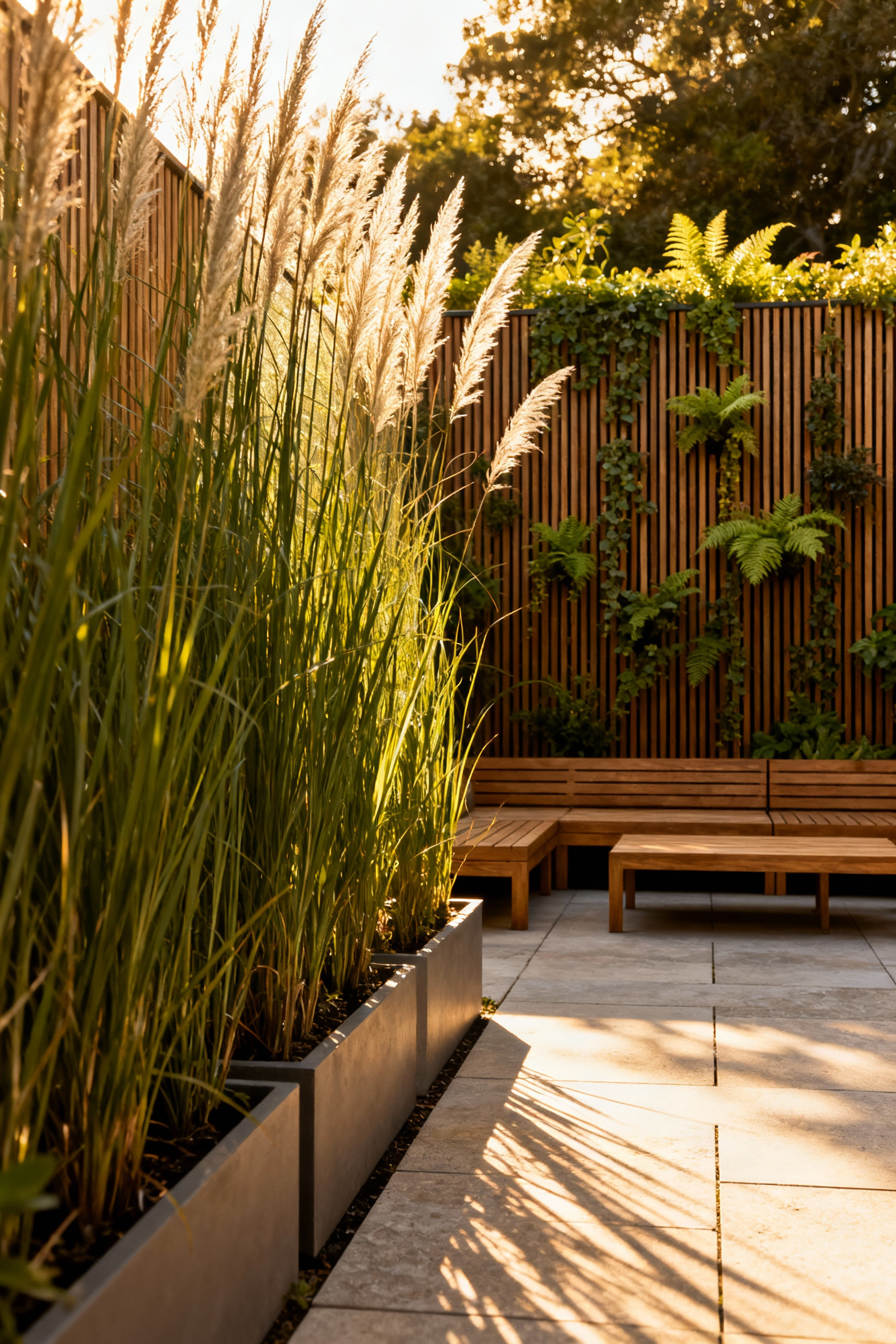 A modern patio design using tall native structural grasses and a vertical planter wall to create semi-transparent privacy boundaries instead of harsh fencing, bathed in warm dappled sunlight.