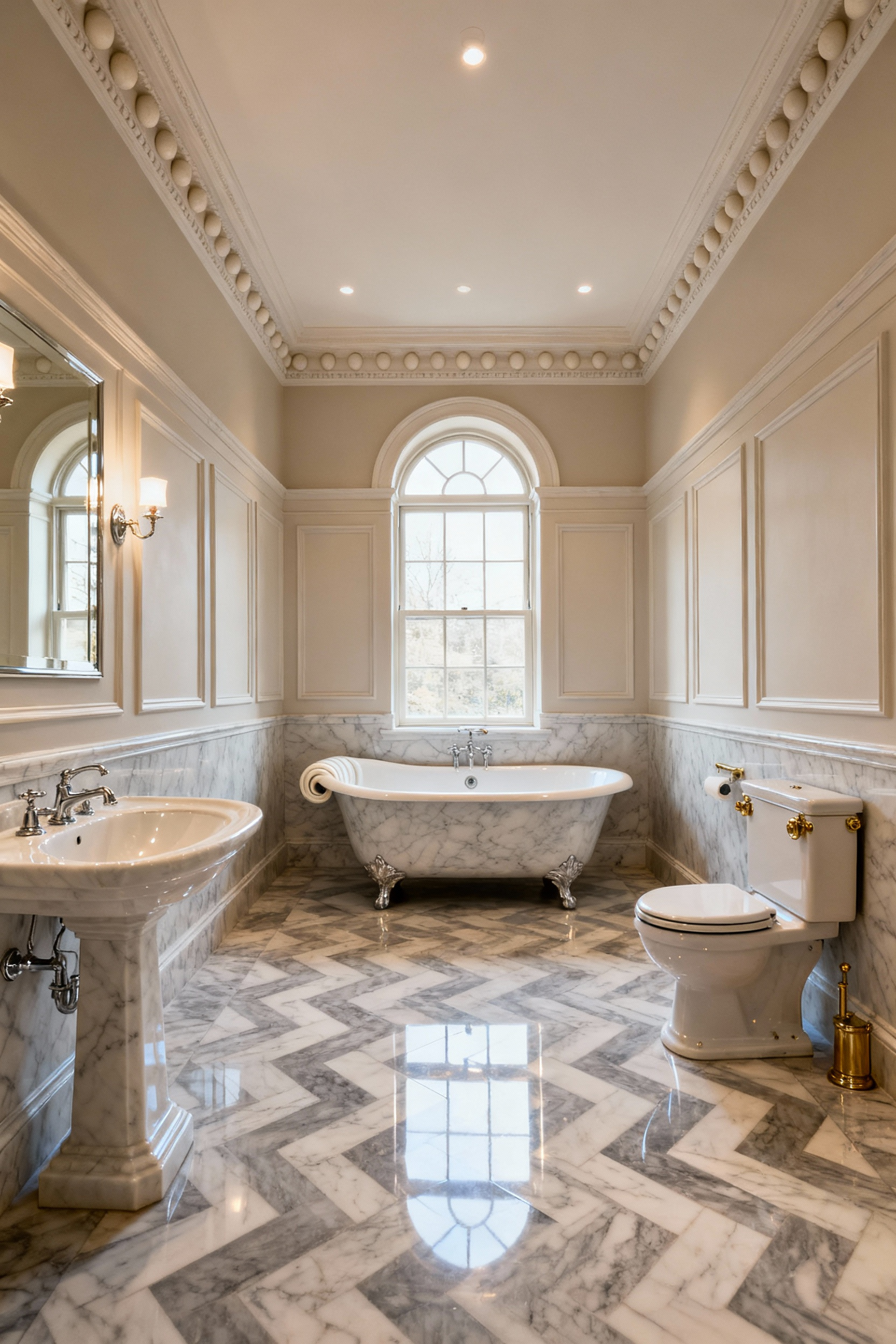 Historically accurate bathroom with classic architectural elements, clawfoot tub, pedestal sink, mosaic tiles, and natural light, emphasizing authentic period design and craftsmanship.