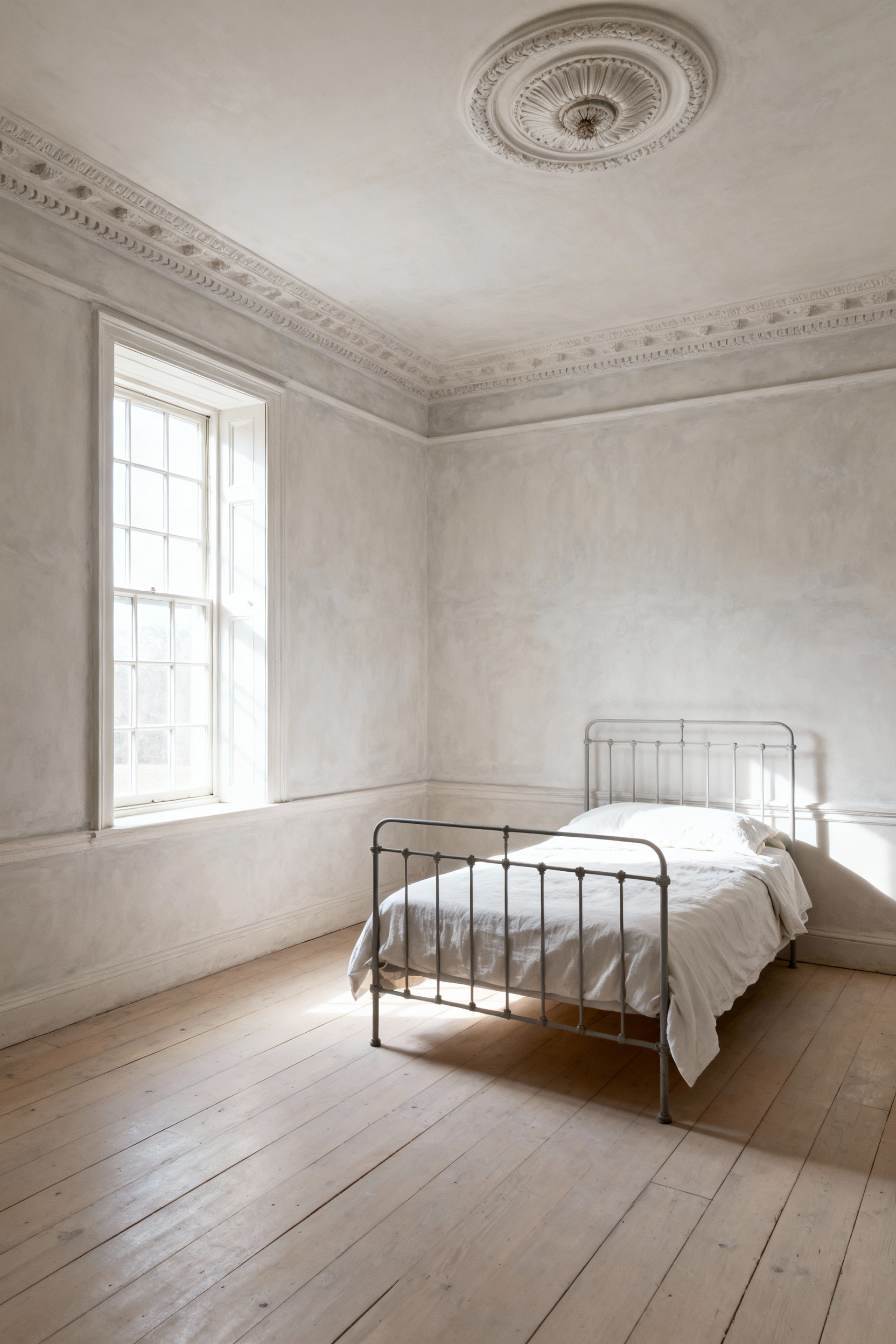 A restored vintage bedroom interior with reinstated period crown molding and a refined plaster ceiling rose, captured in soft morning light to highlight the architectural details.
