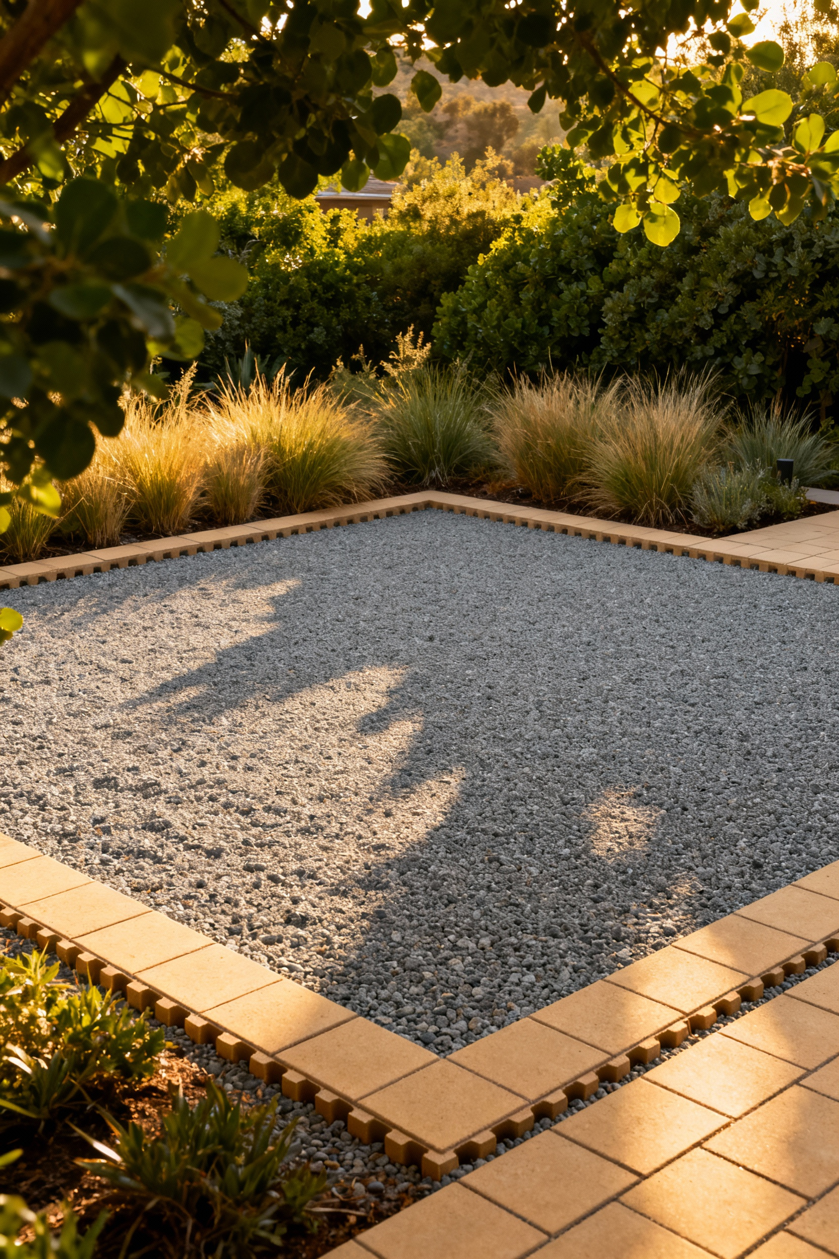 A detailed photograph of a modern, sustainable patio utilizing permeable hardscape materials, featuring a large area of crushed gray gravel surrounded by tan permeable concrete pavers and lush native landscaping designed for natural rainwater filtration.