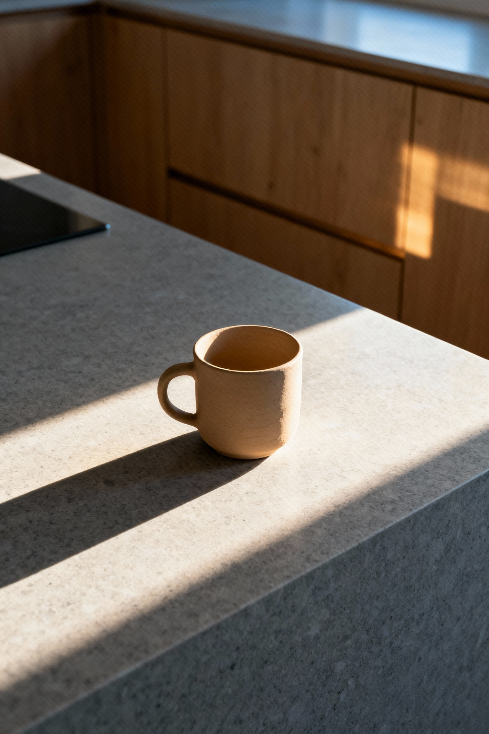 A bright, minimalist Scandinavian kitchen countertop featuring a sharp sunbeam illuminating a single earthy ceramic mug on light gray stone.