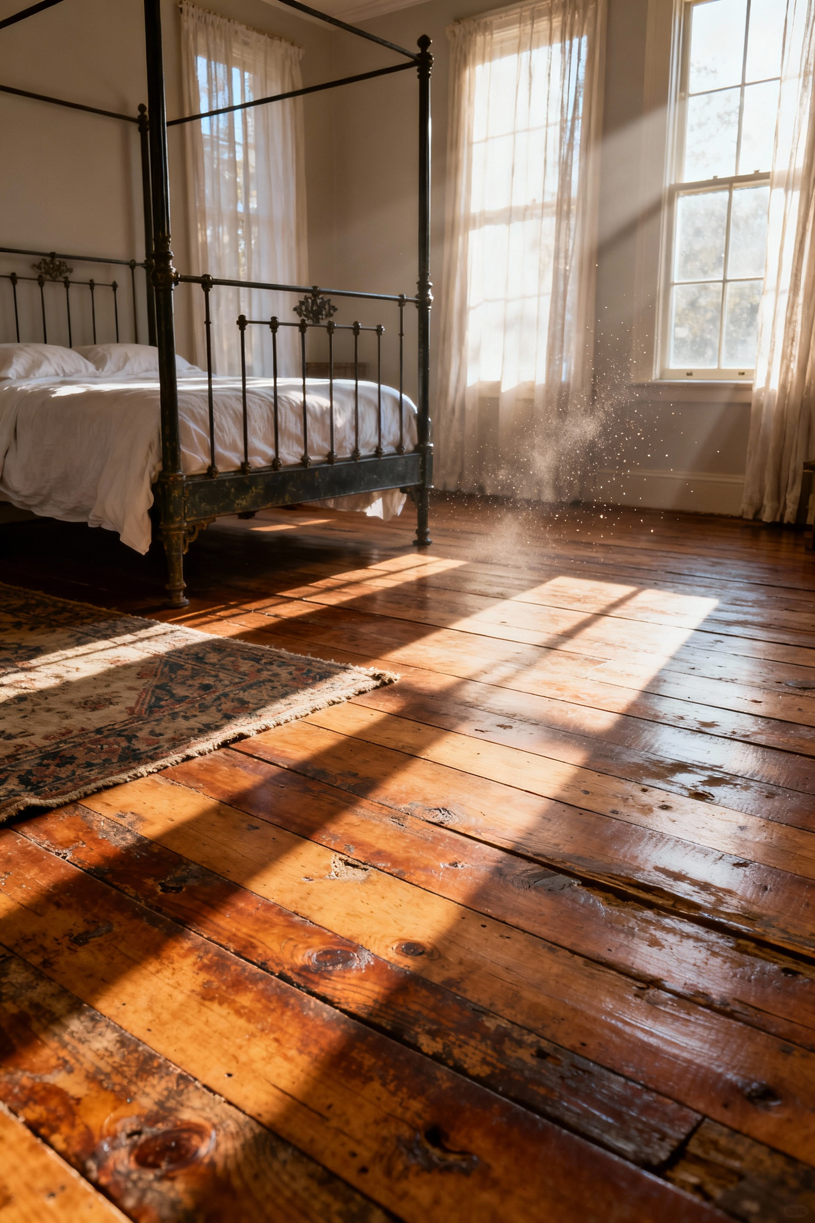 A wide view of a vintage bedroom interior showcasing restored wide-plank hardwood flooring with visible patina and imperfections, catching soft morning light.