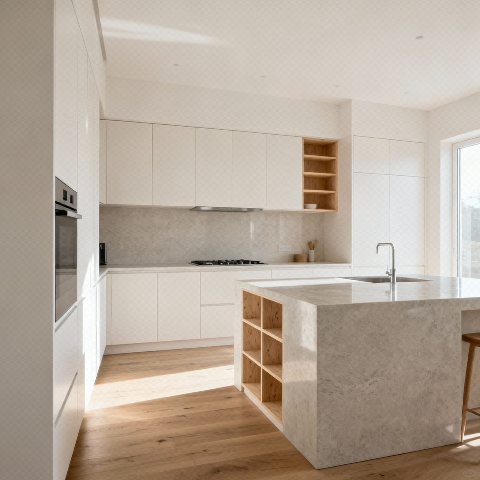 Bright Scandinavian kitchen showcasing light off-white cabinets, natural wood flooring, and soft natural light, embodying the 'Lyse' imperative for enhanced luminescence.