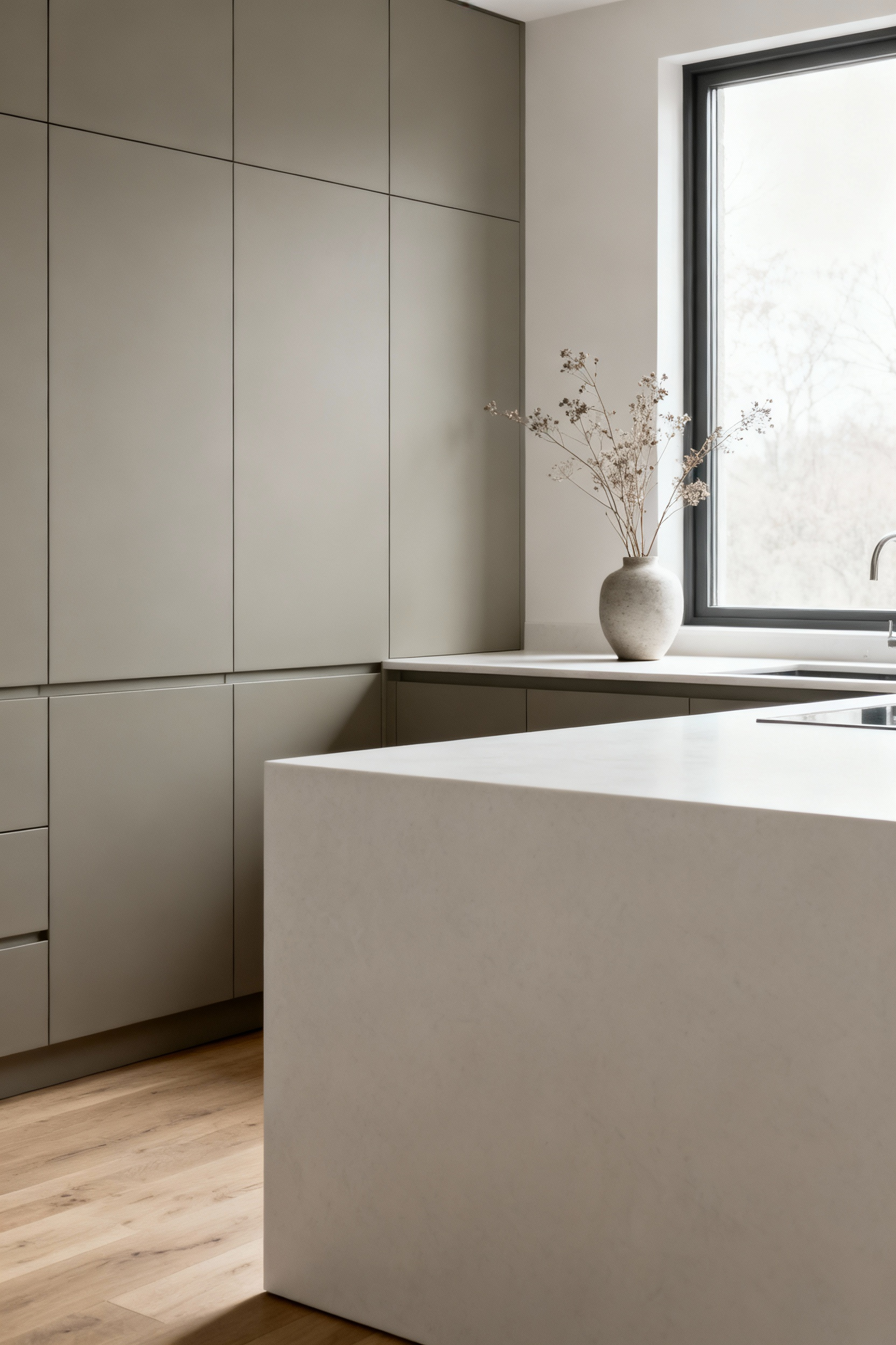 Scandinavian kitchen with desaturated greige matte cabinets designed to mask everyday wear, illuminated by natural window light.