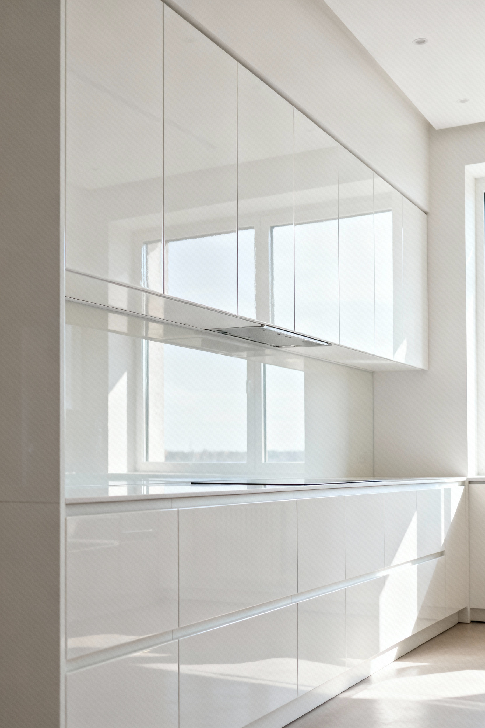 High-gloss off-white Scandinavian kitchen cabinets reflecting natural light, creating a bright, spacious, and minimalist kitchen interior.